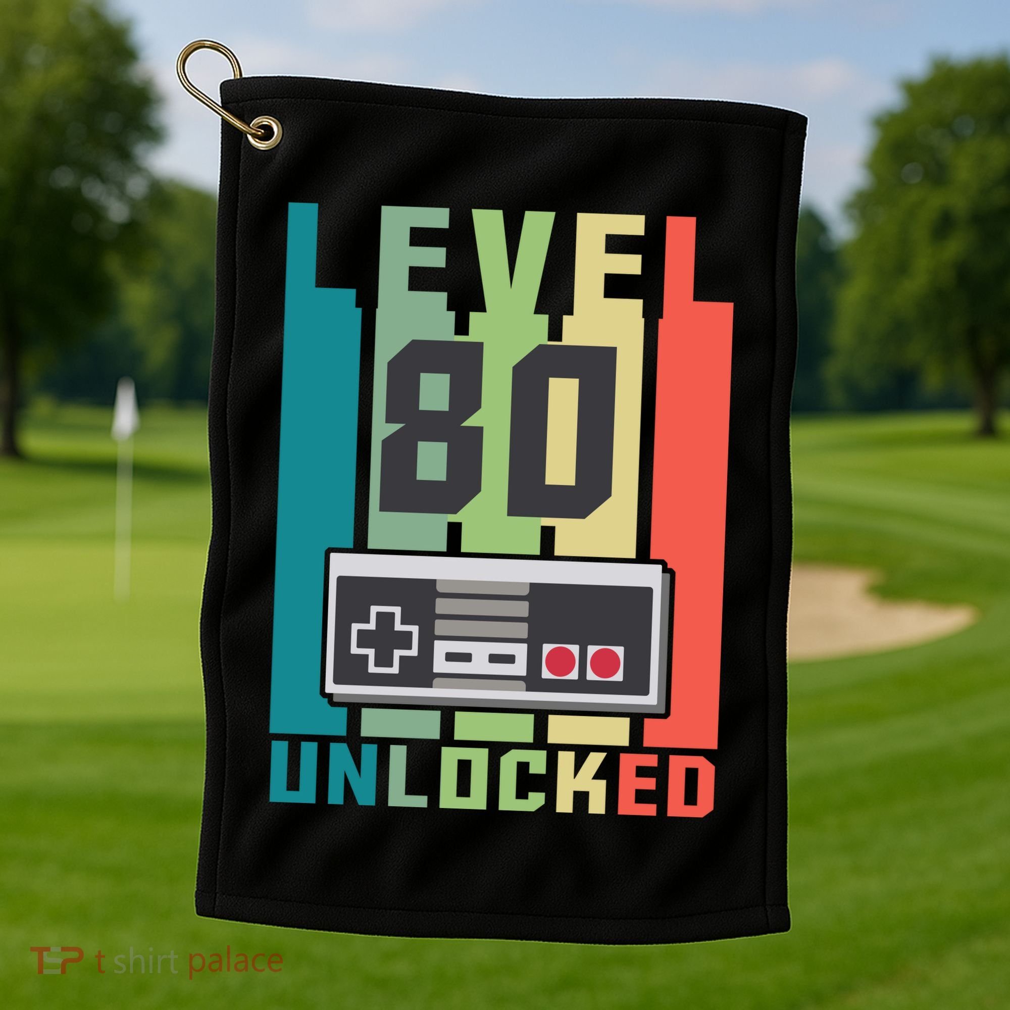Level 80 Unlocked Funny Retro Gamer Birthday Golf Towel