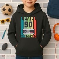 Level 90 Unlocked Funny Retro Gamer Birthday Kids Hoodie thumb 2