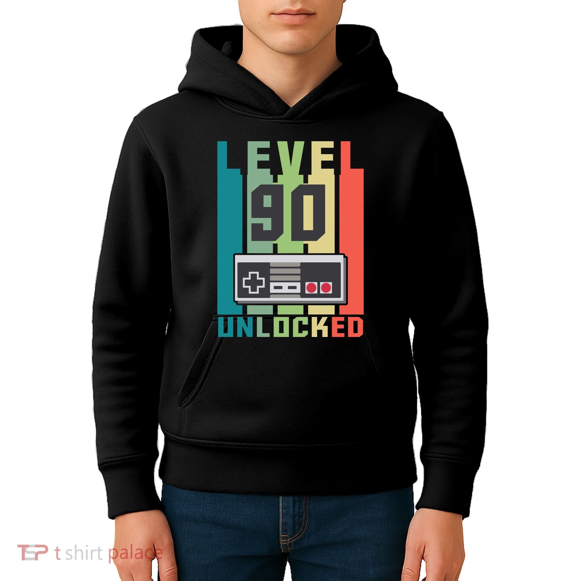 Level 90 Unlocked Funny Retro Gamer Birthday Kids Hoodie