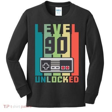 Level 90 Unlocked Funny Retro Gamer Birthday Kids Long Sleeve Shirt