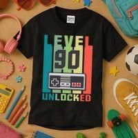 Level 90 Unlocked Funny Retro Gamer Birthday Kids T-Shirt thumb 3