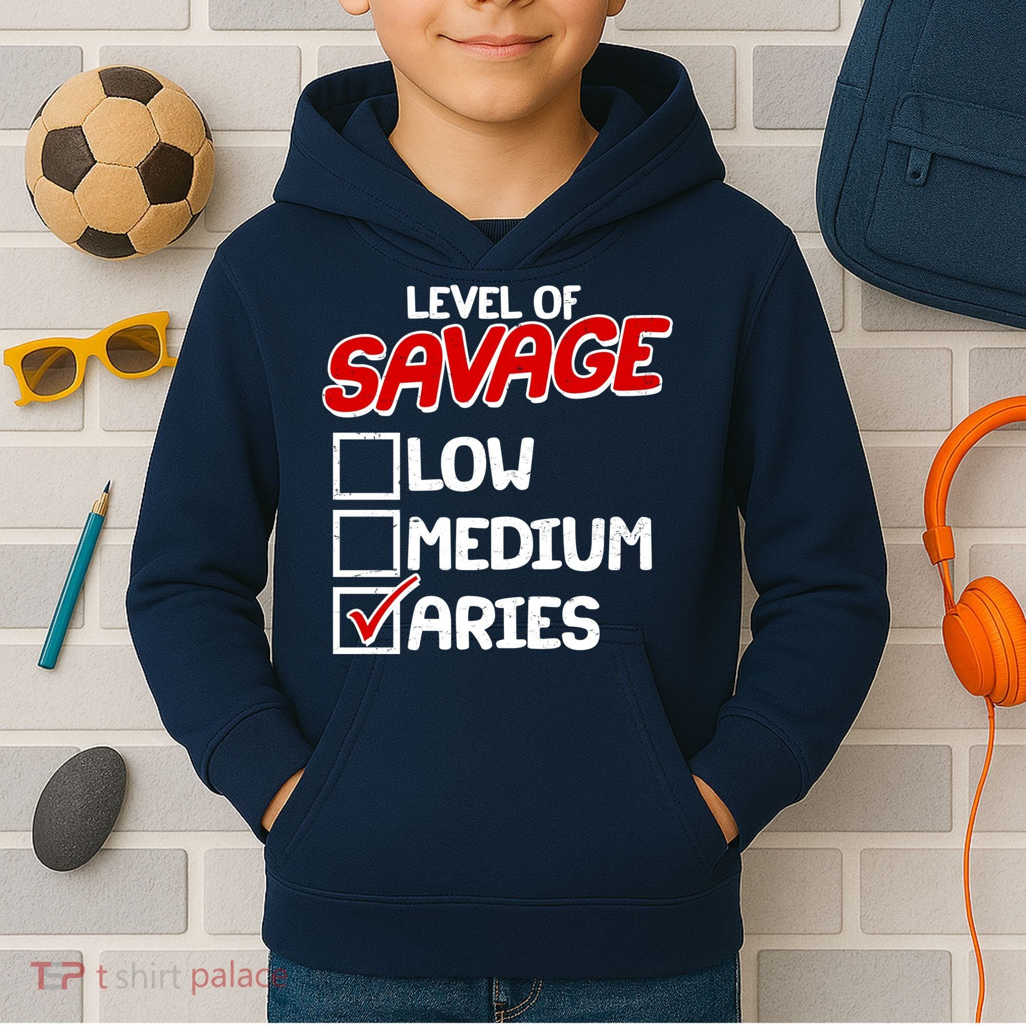Level of SAVAGE Low Medium Aries Zodiac Birthday Kids Hoodie