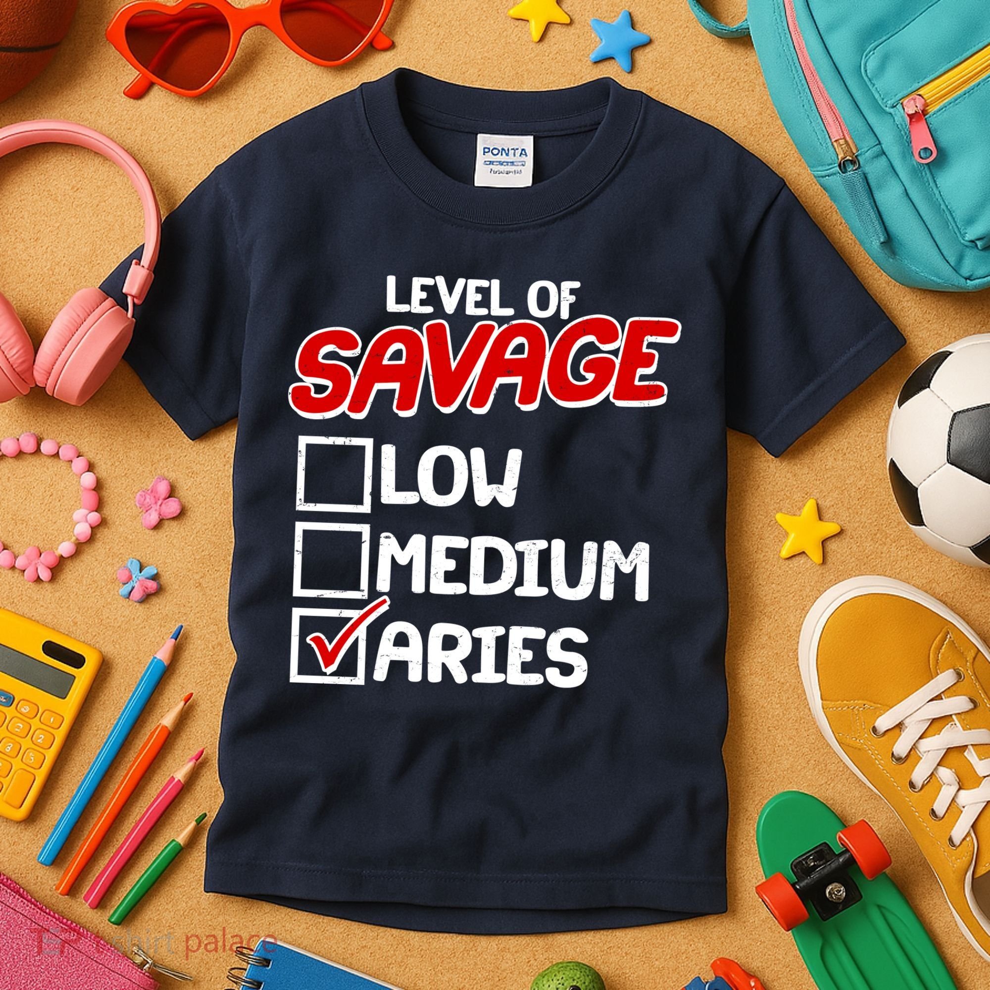 Level of SAVAGE Low Medium Aries Zodiac Birthday Kids T-Shirt
