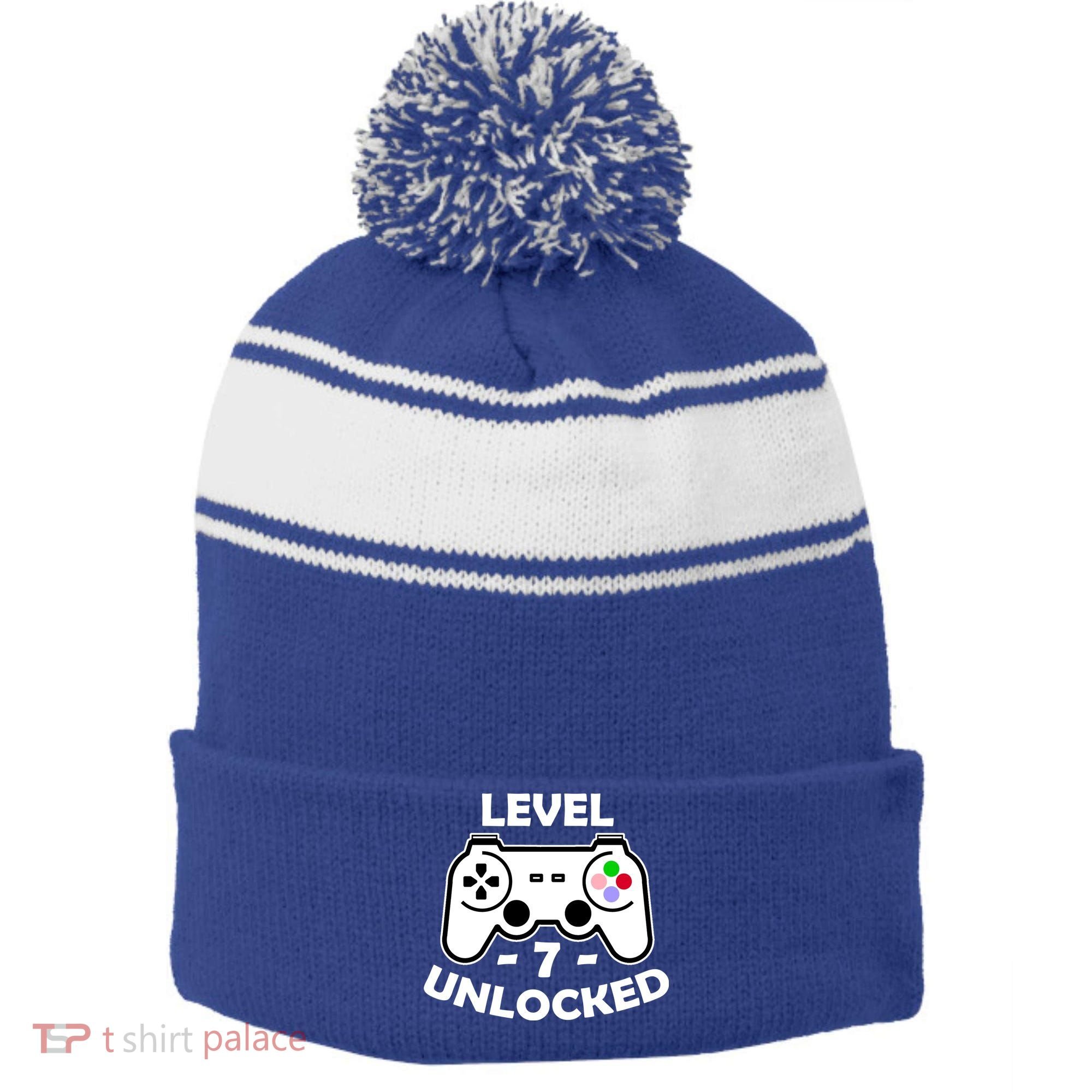Level Seven Unlocked 7th Birthday Stripe Pom Pom Beanie