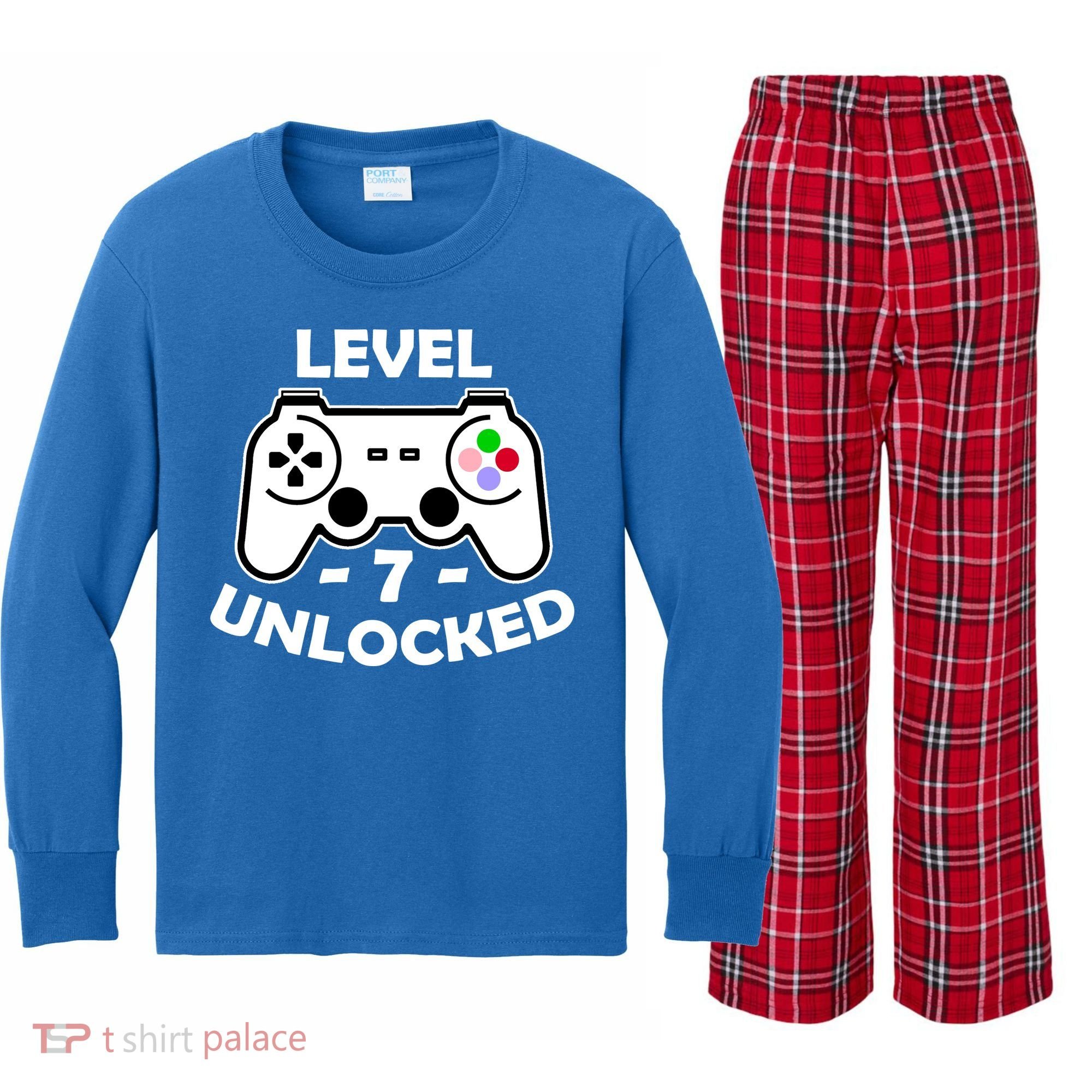 Level Seven Unlocked 7th Birthday Kids Long Sleeve Plaid Pajama Set
