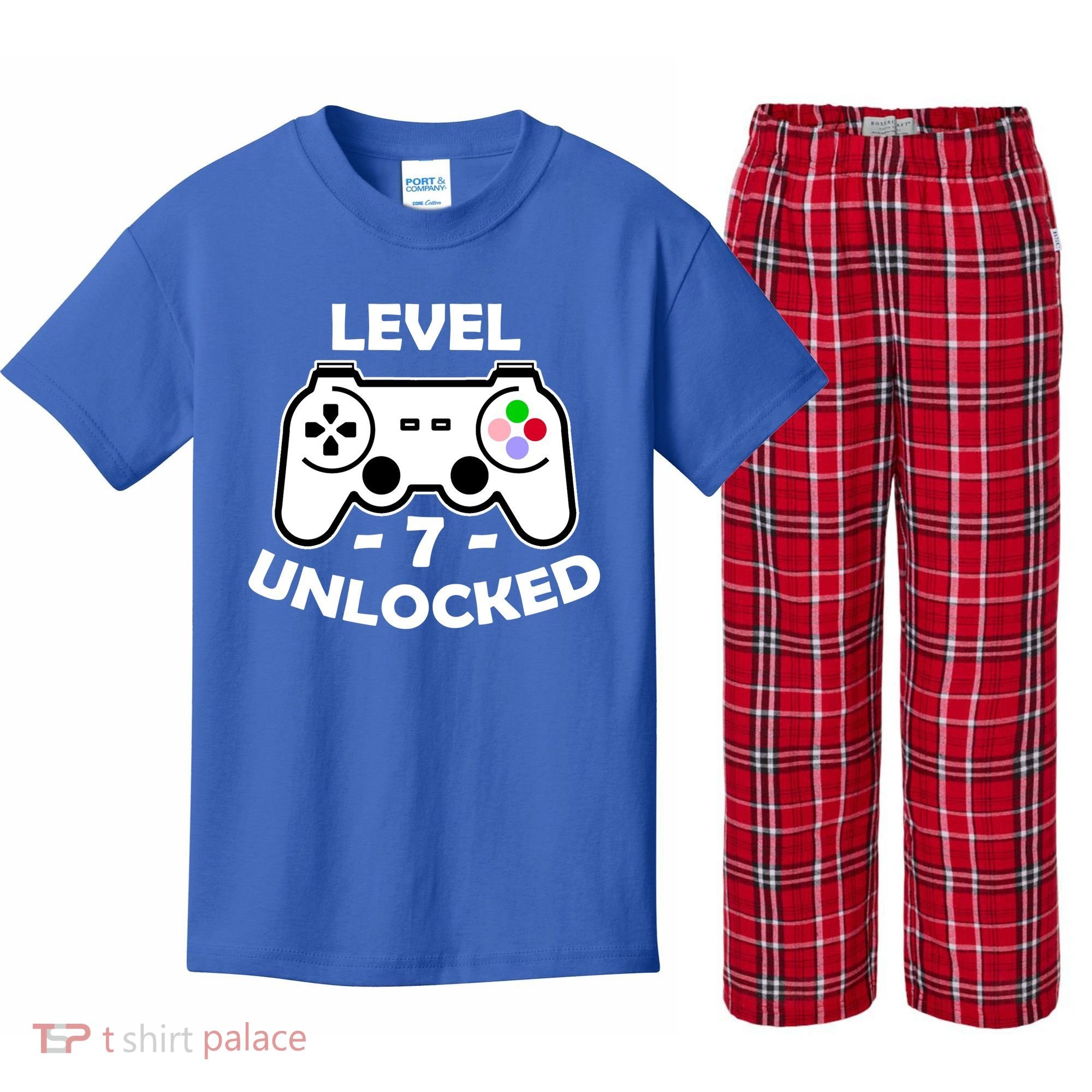 Level Seven Unlocked 7th Birthday Kids Plaid Pajama Set