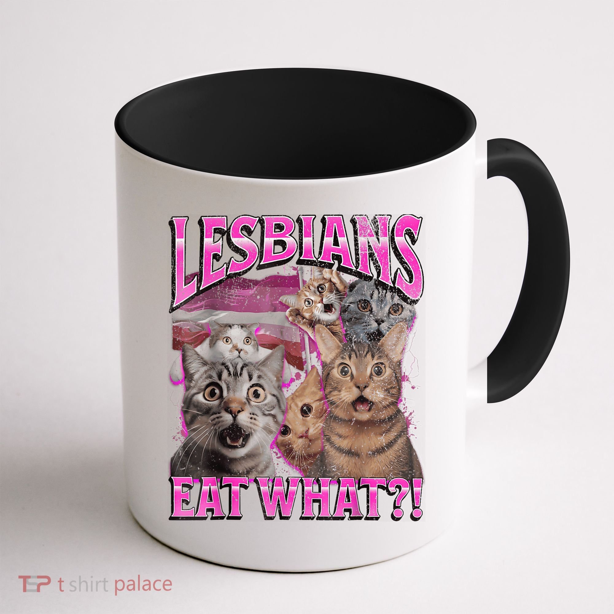 Lesbians Eat What?! Funny Cat Pride Lgbtq Pun Coffee Mug