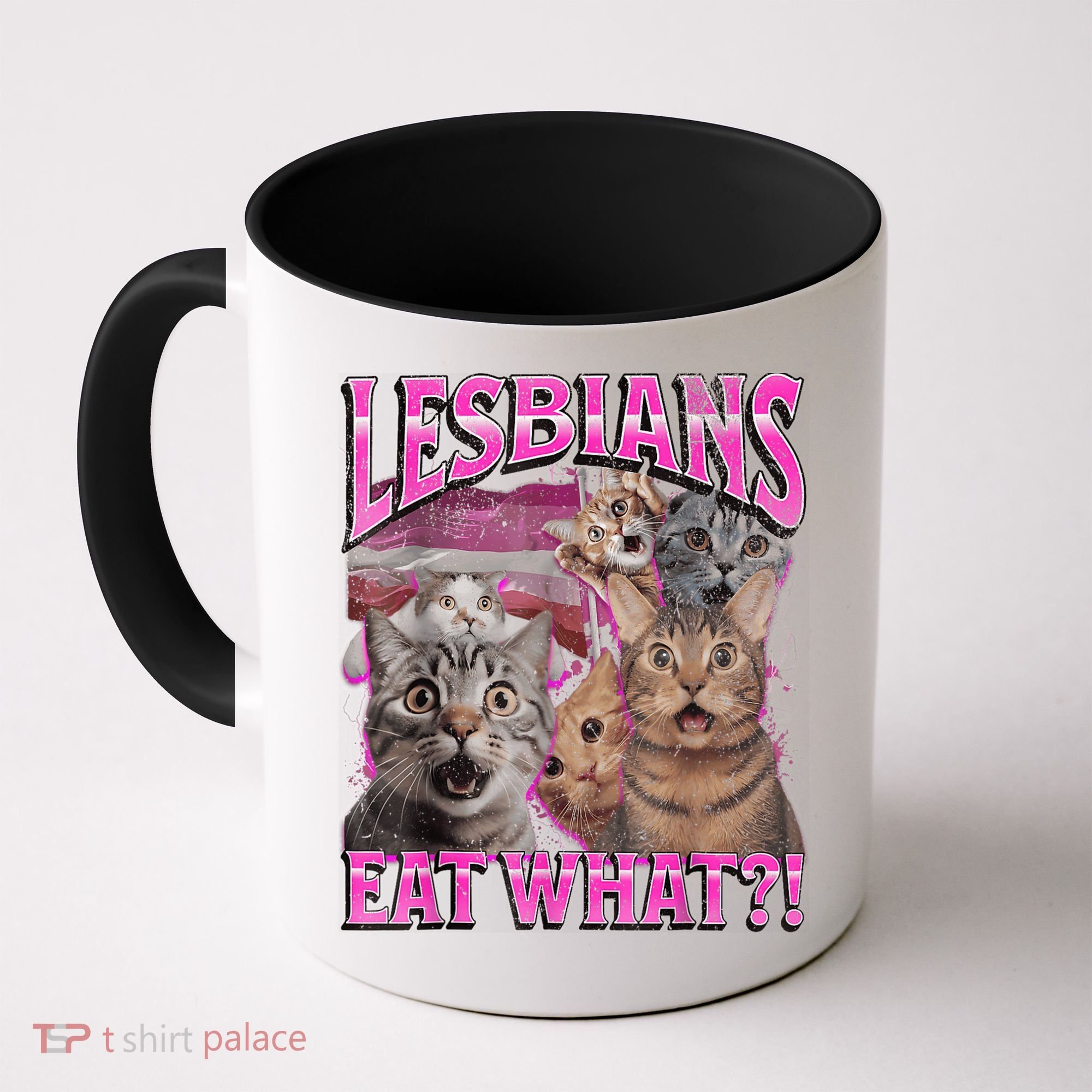 Lesbians Eat What?! Funny Cat Pride Lgbtq Pun Coffee Mug