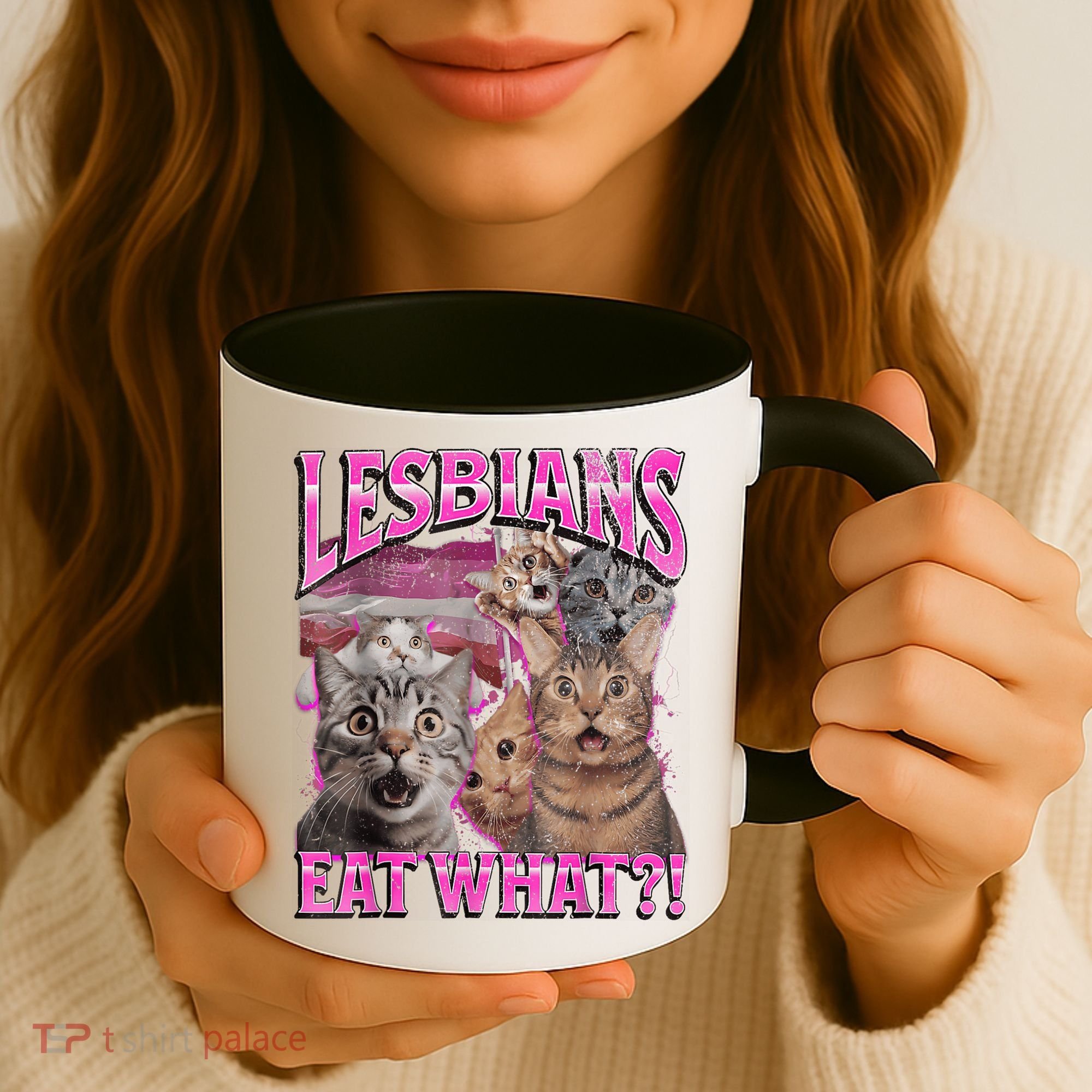 Lesbians Eat What?! Funny Cat Pride Lgbtq Pun Coffee Mug