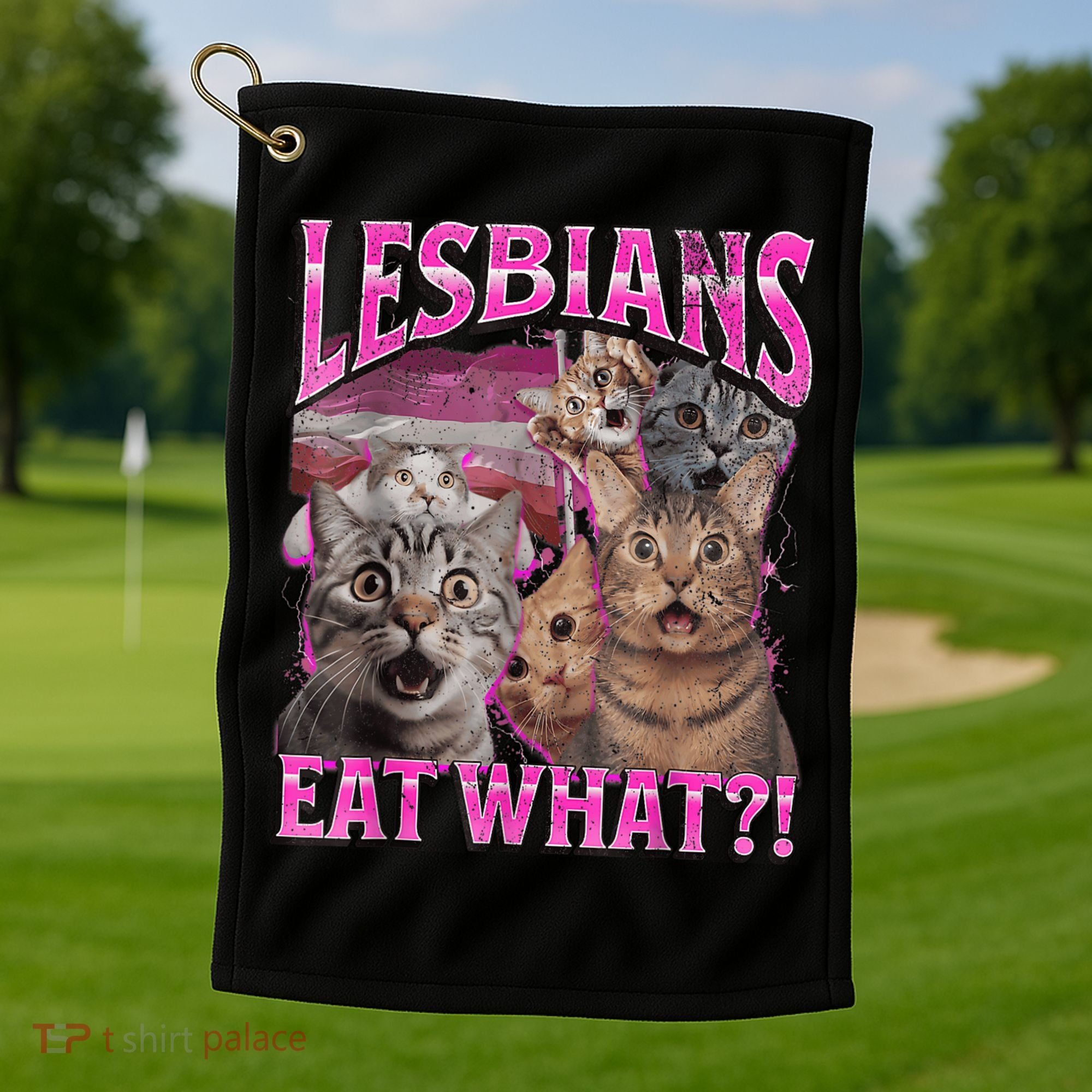 Lesbians Eat What?! Funny Cat Pride Lgbtq Pun Golf Towel