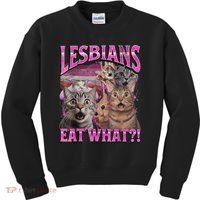 Lesbians Eat What?! Funny Cat Pride Lgbtq Pun Kids Sweatshirt thumb 0