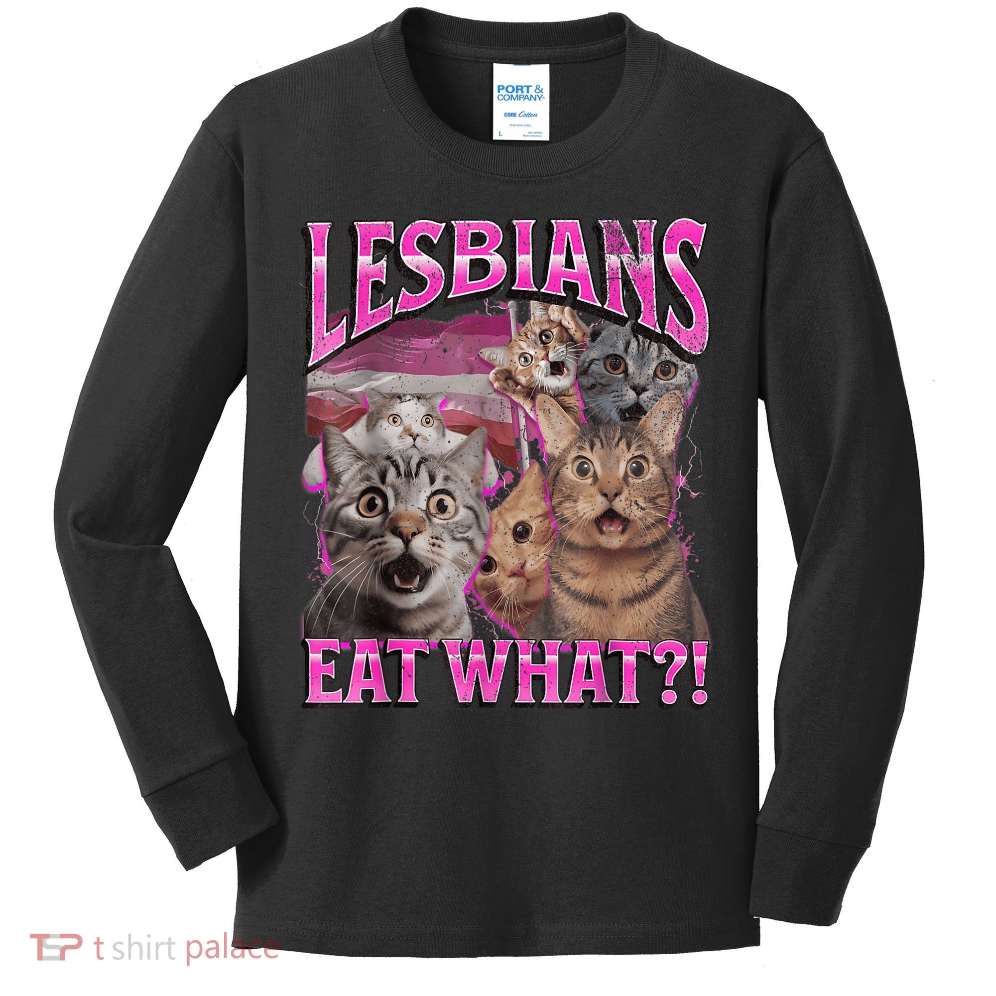 Lesbians Eat What?! Funny Cat Pride Lgbtq Pun Kids Long Sleeve Shirt