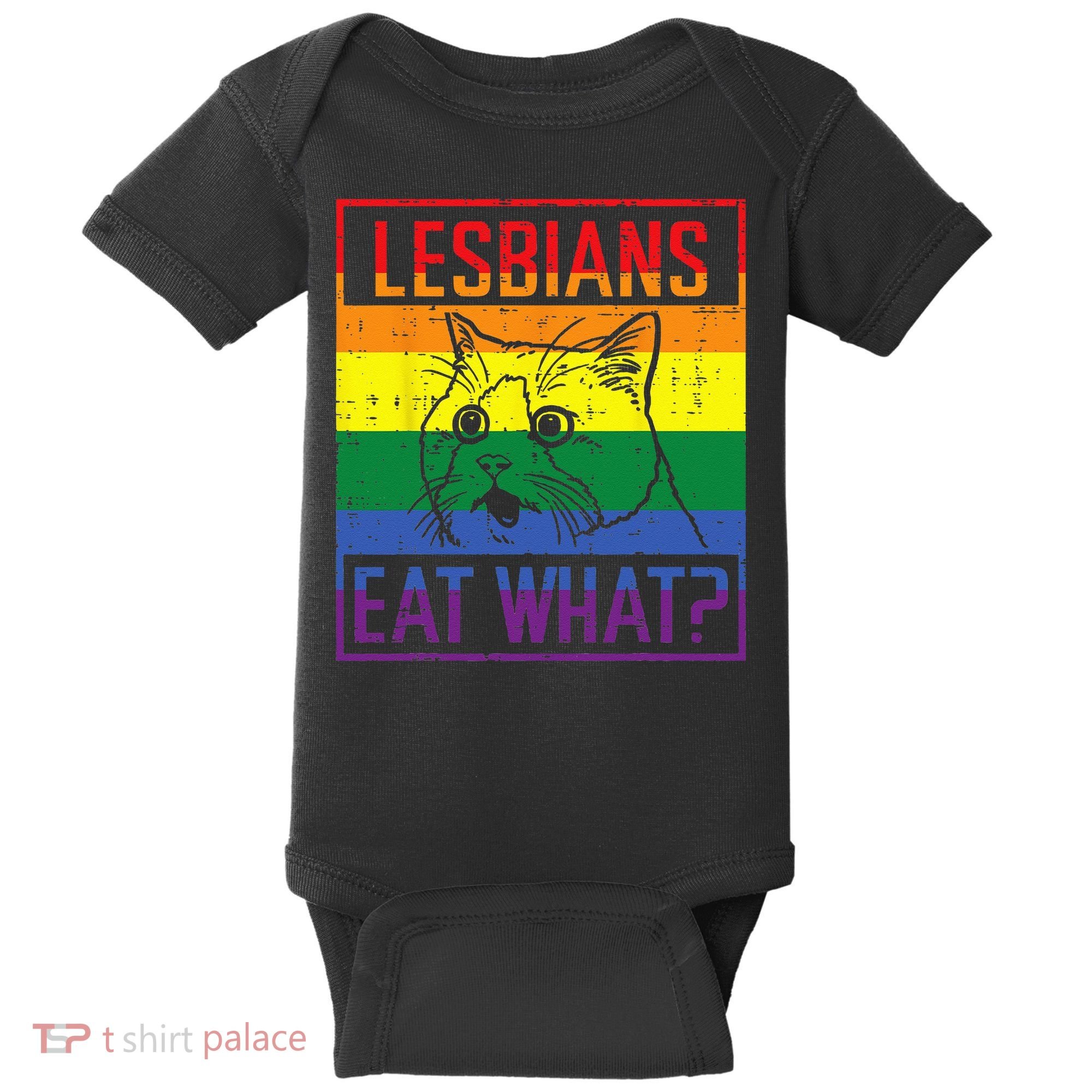 Lesbians Eat What Cat Funny Humor Pun LGBTQ Pride Flag Women Baby Bodysuit