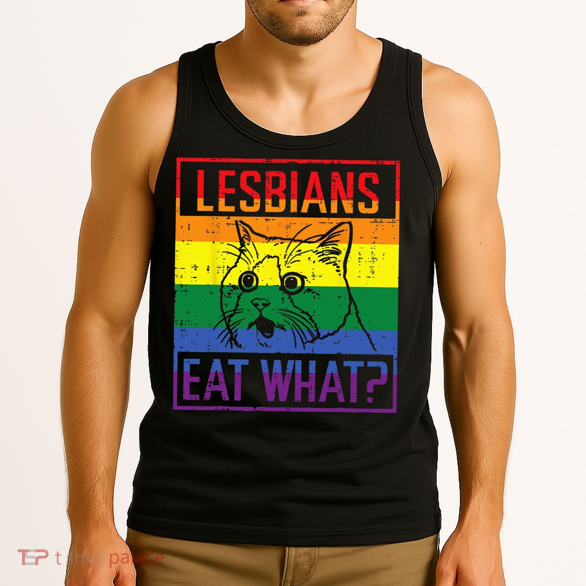 Lesbians Eat What Cat Funny Humor Pun LGBTQ Pride Flag Women Tank Top
