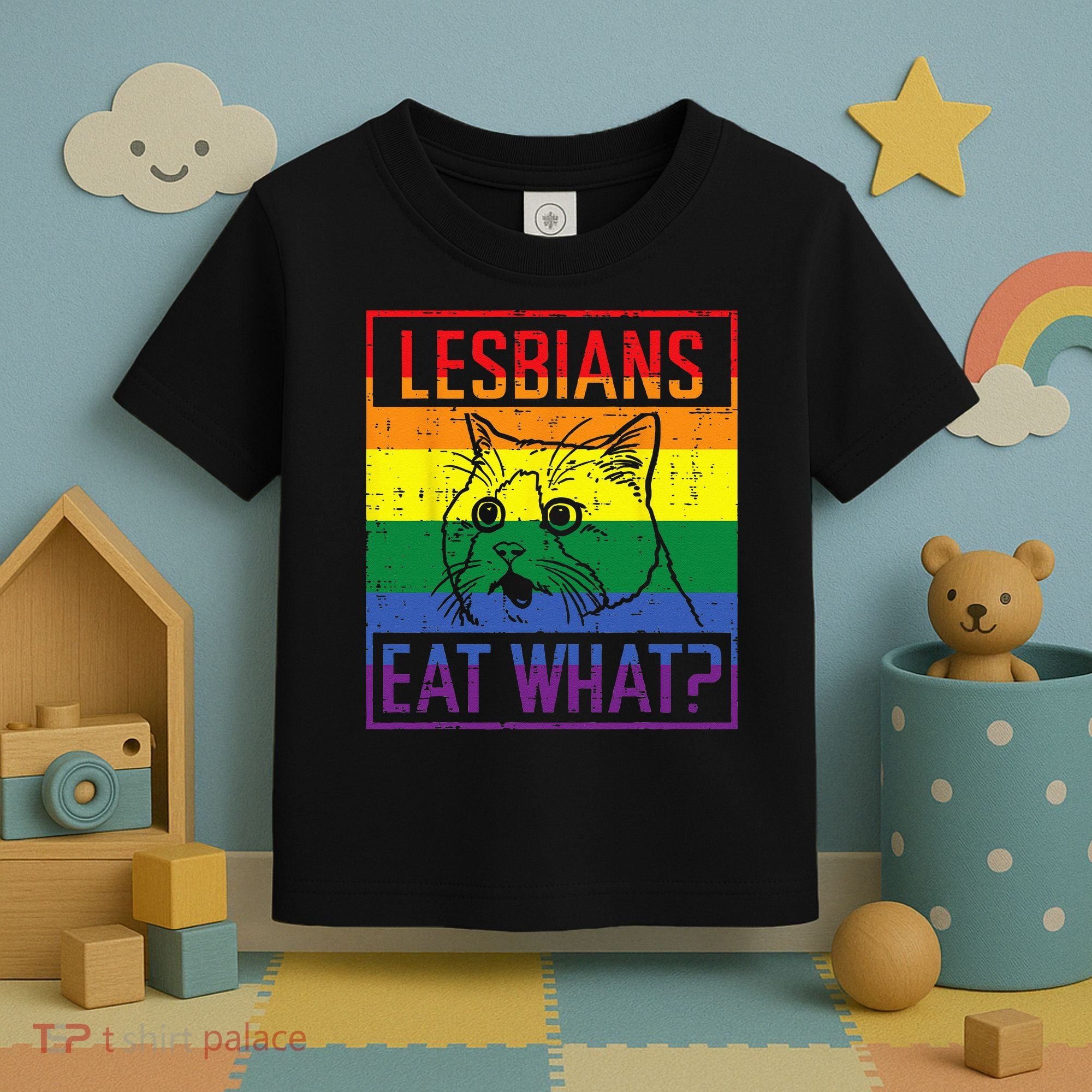 Lesbians Eat What Cat Funny Humor Pun LGBTQ Pride Flag Women Toddler T-Shirt