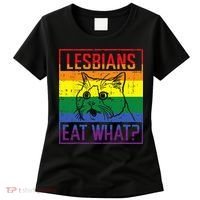 Lesbians Eat What Cat Funny Humor Pun LGBTQ Pride Flag Women Women's T-Shirt thumb 0