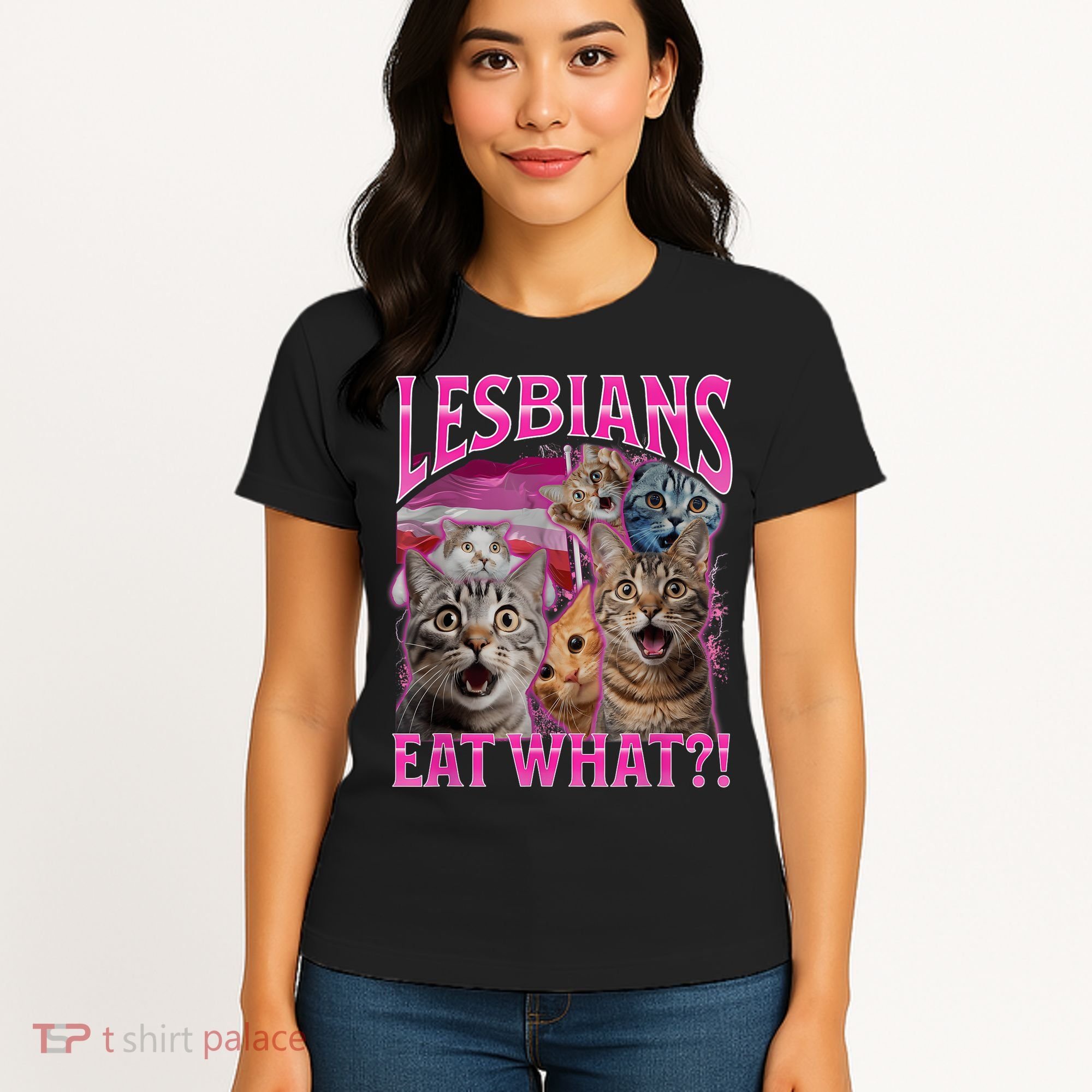 Lesbians Eat What Funny Offensive Cat Bootleg Sarcastic Women's T-Shirt