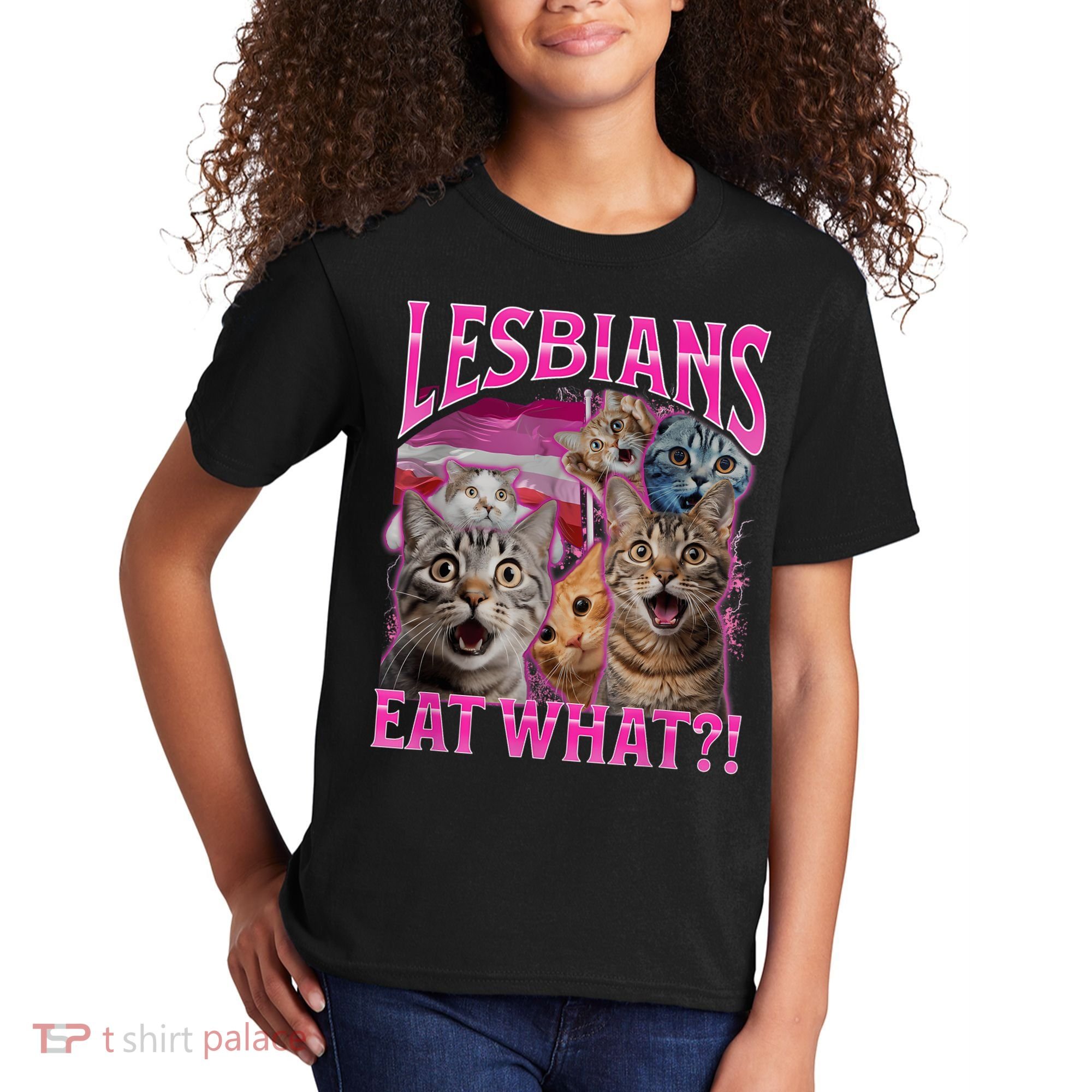 Lesbians Eat What Funny Offensive Cat Bootleg Sarcastic Kids T-Shirt