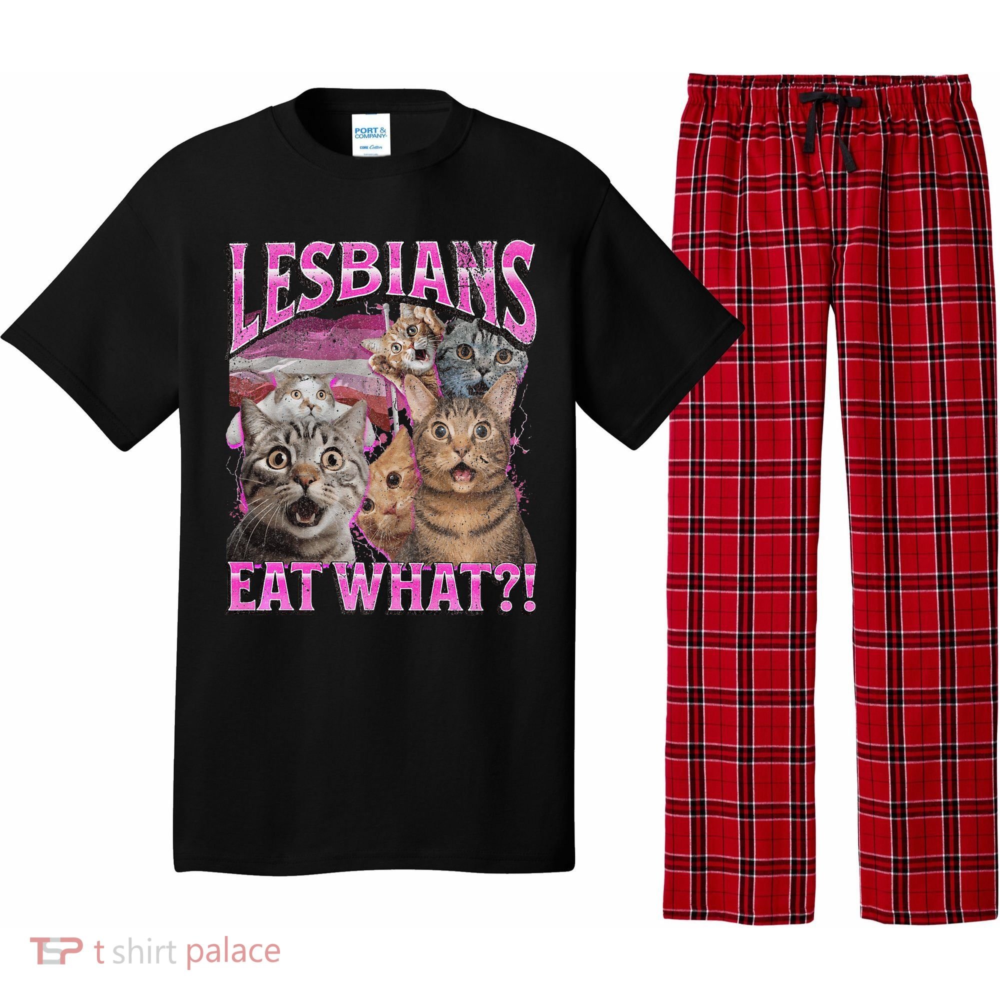 Lesbians Eat What! Funny Cat Lgbtq Pun Bootleg Gift Pajama Set