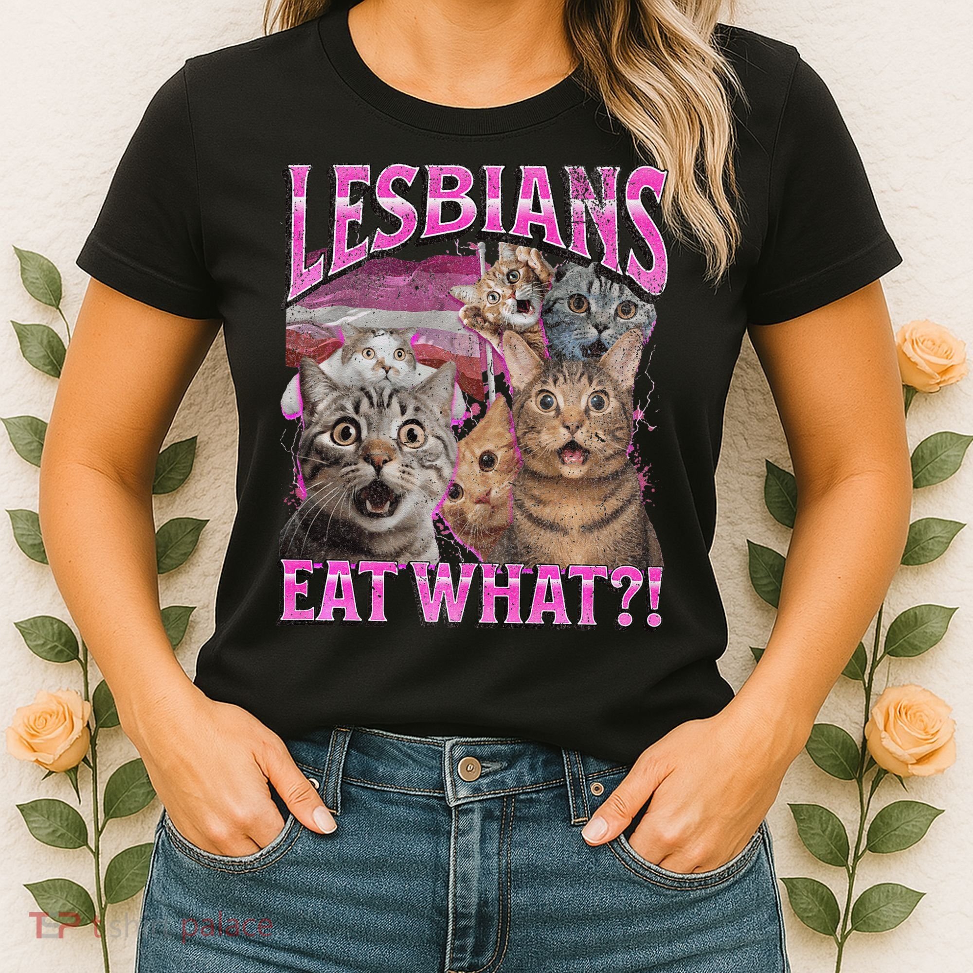 Lesbians Eat What! Funny Cat Lgbtq Pun Bootleg Gift Women's T-Shirt
