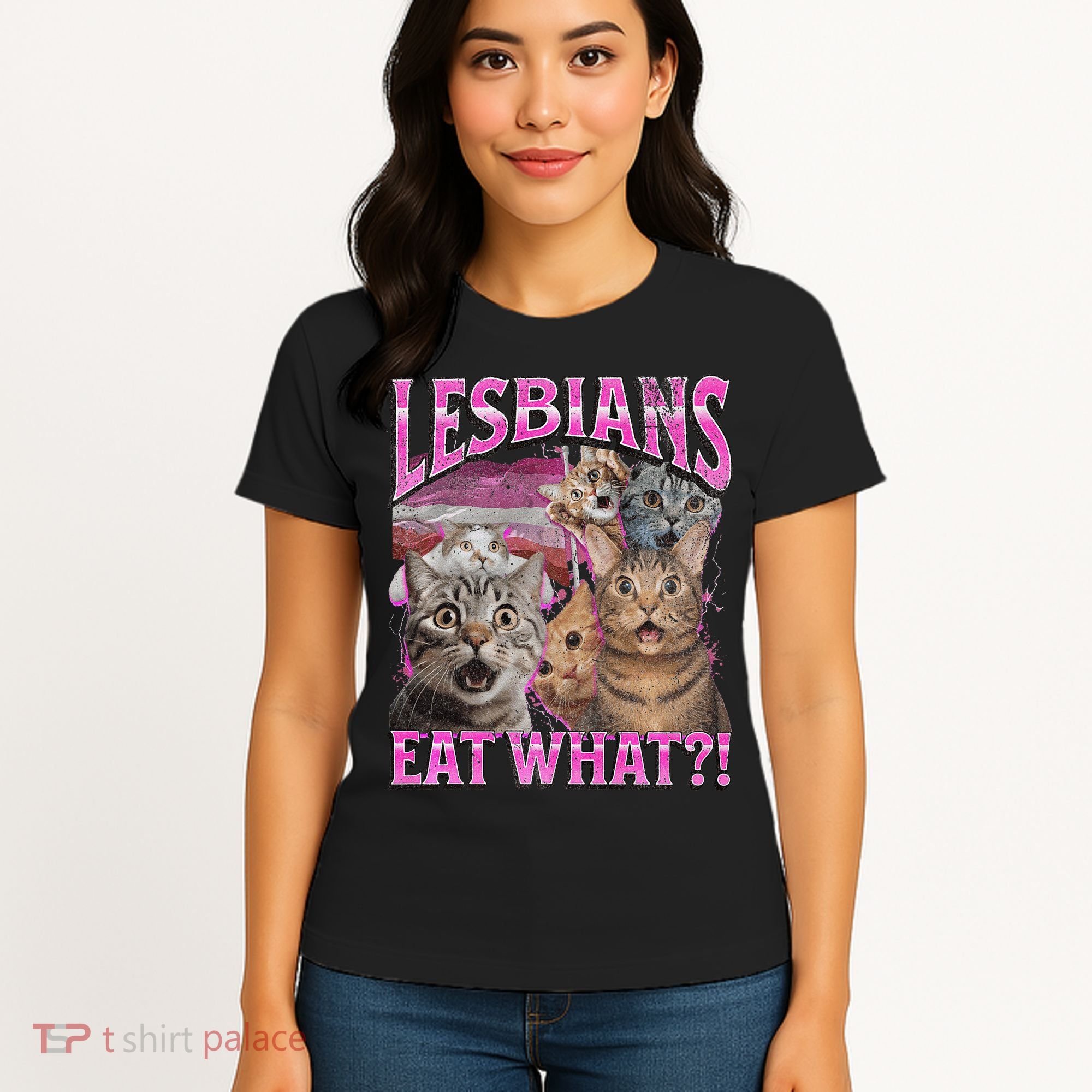 Lesbians Eat What! Funny Cat Lgbtq Pun Bootleg Gift Women's T-Shirt