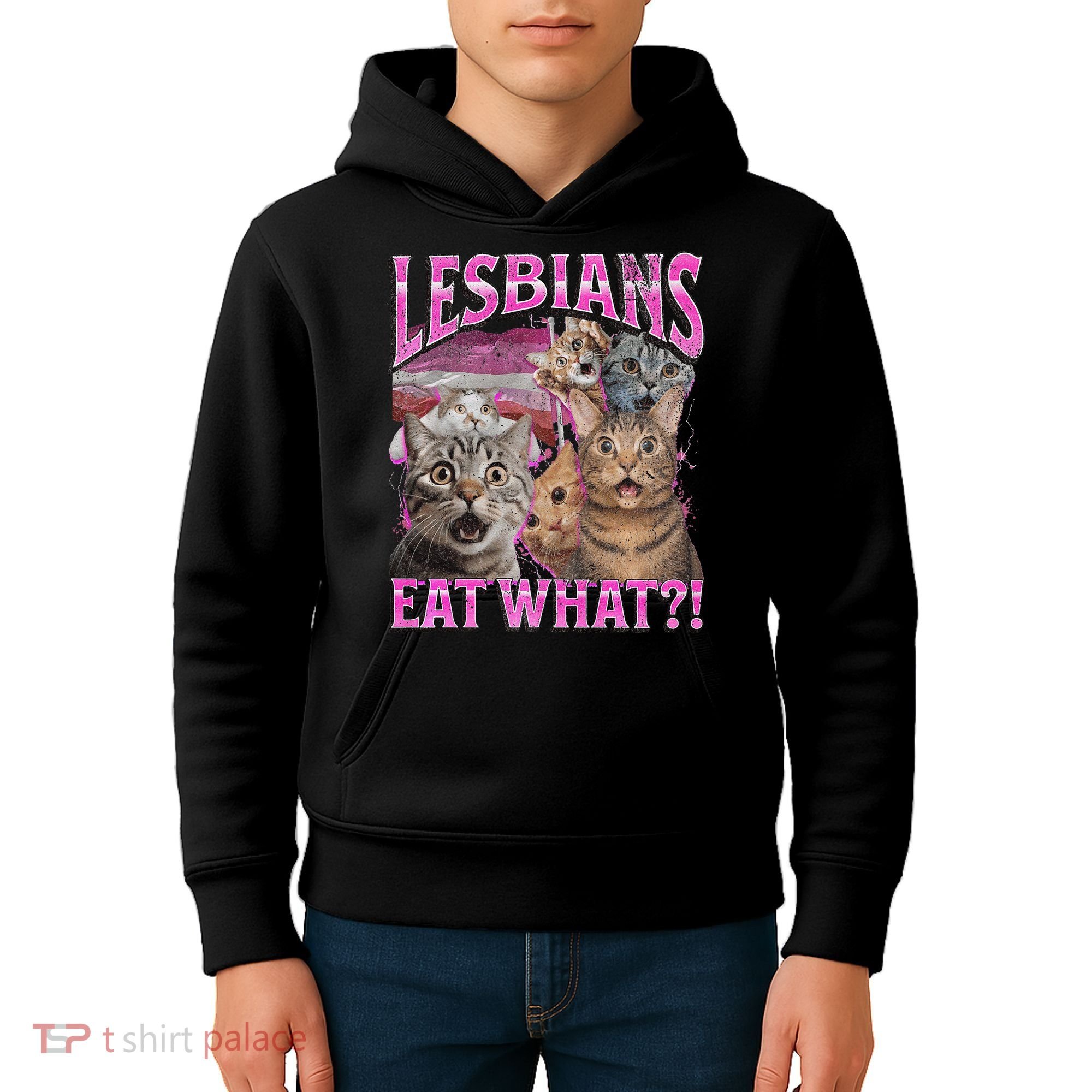 Lesbians Eat What! Funny Cat Lgbtq Pun Bootleg Gift Kids Hoodie