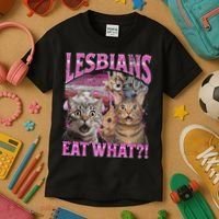 Lesbians Eat What! Funny Cat Lgbtq Pun Bootleg Gift Kids T-Shirt thumb 3