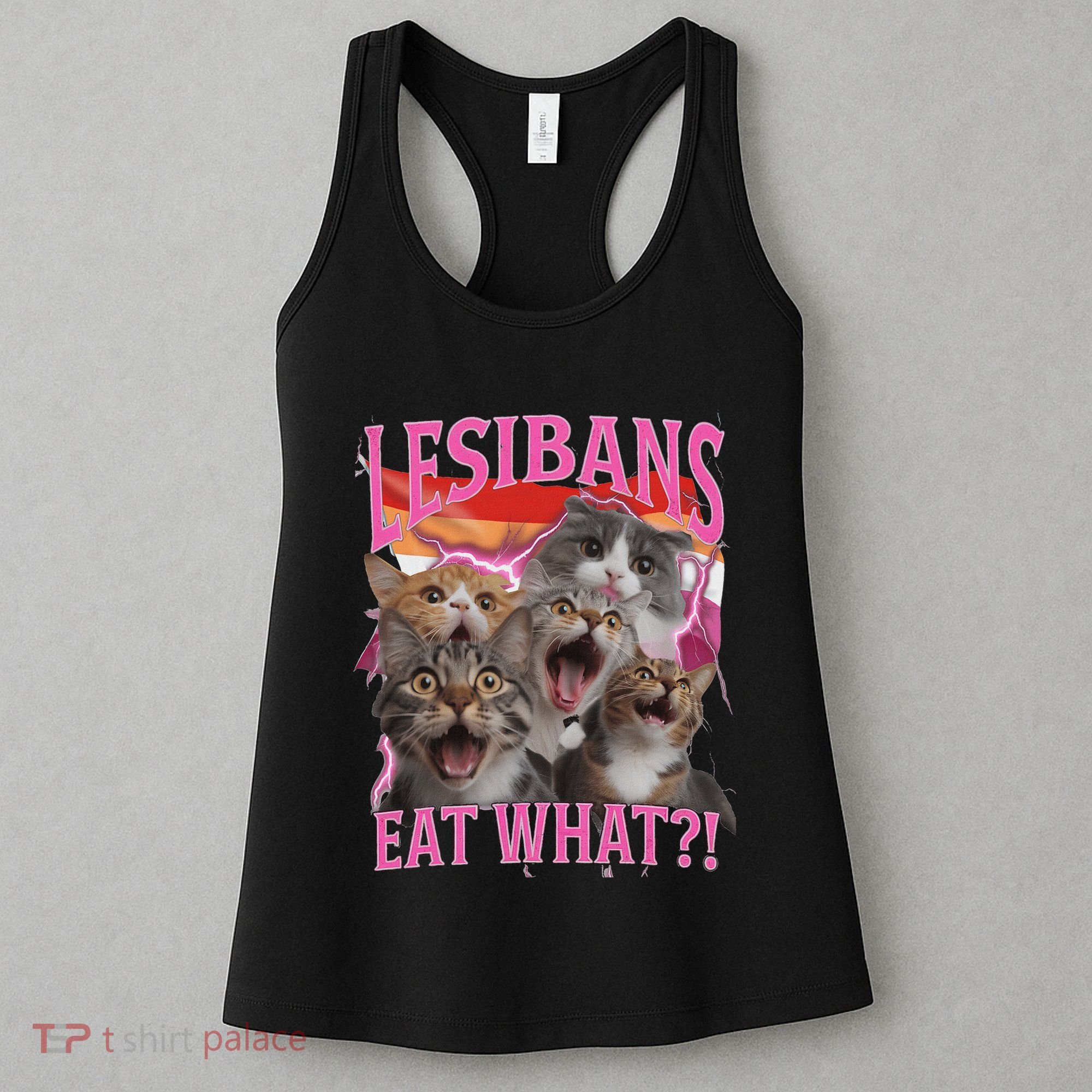 Lesbians Eat What Funny Offensive Cat Unhinged 90s Meme Women's Tank Top