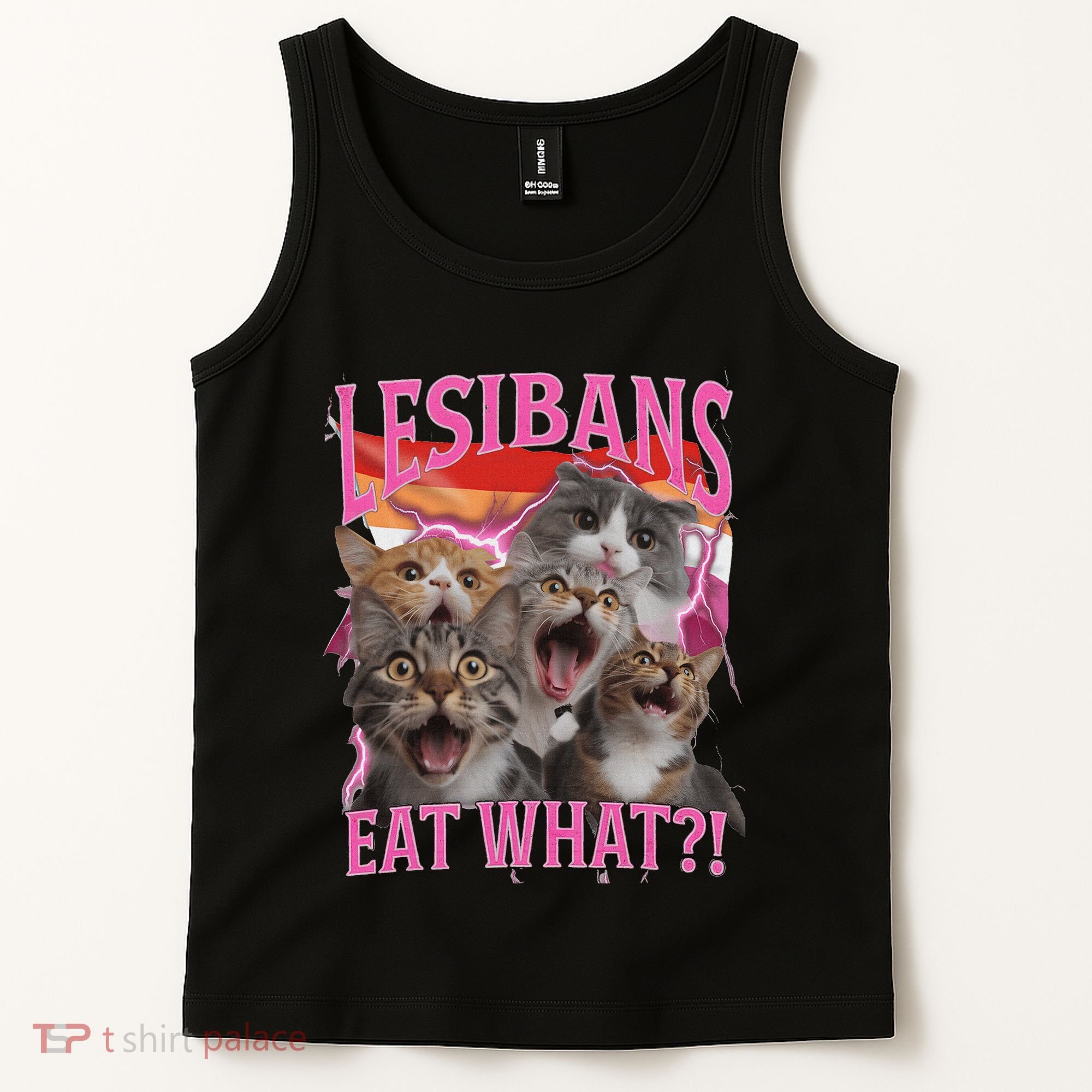 Lesbians Eat What Funny Offensive Cat Unhinged 90s Meme Tank Top