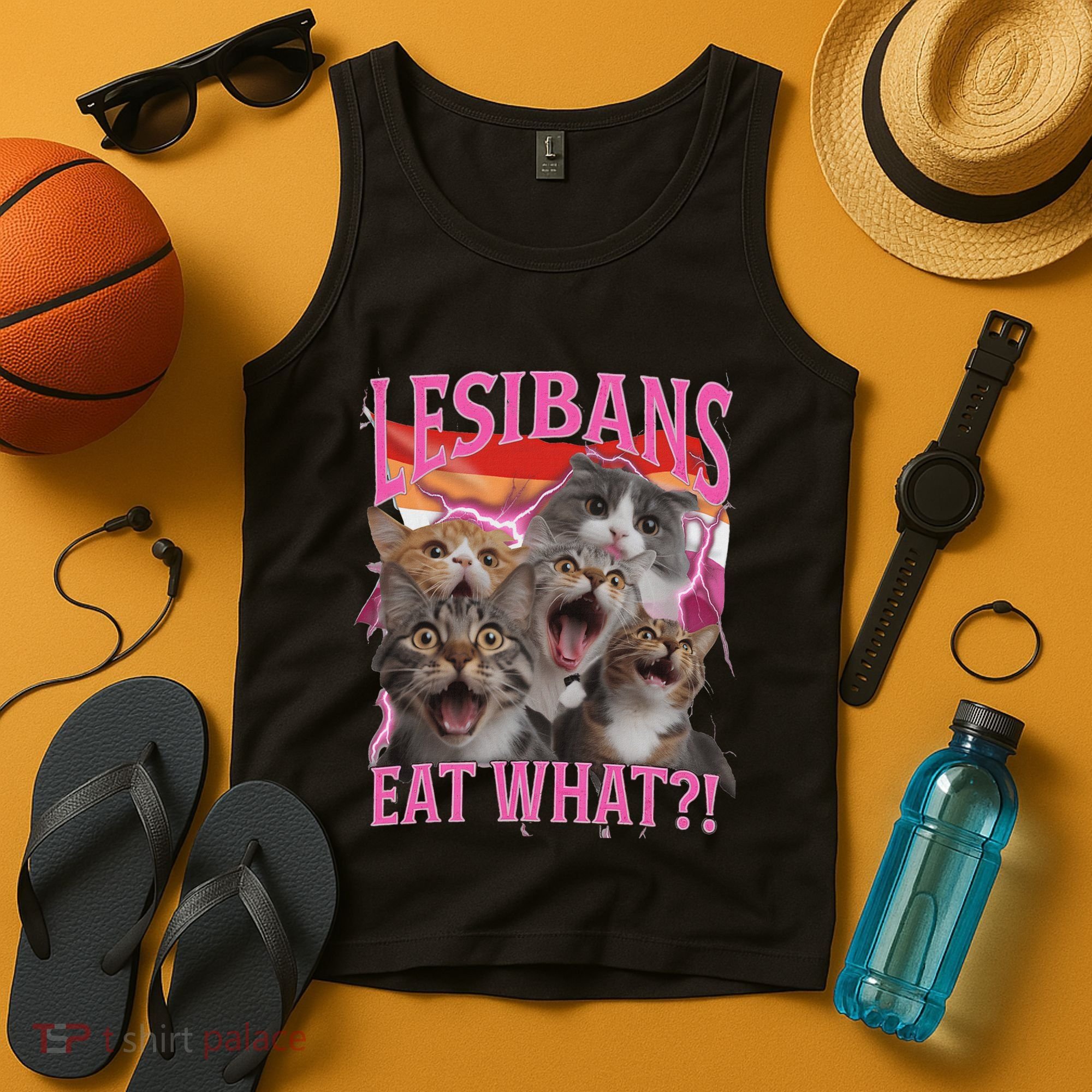 Lesbians Eat What Funny Offensive Cat Unhinged 90s Meme Tank Top
