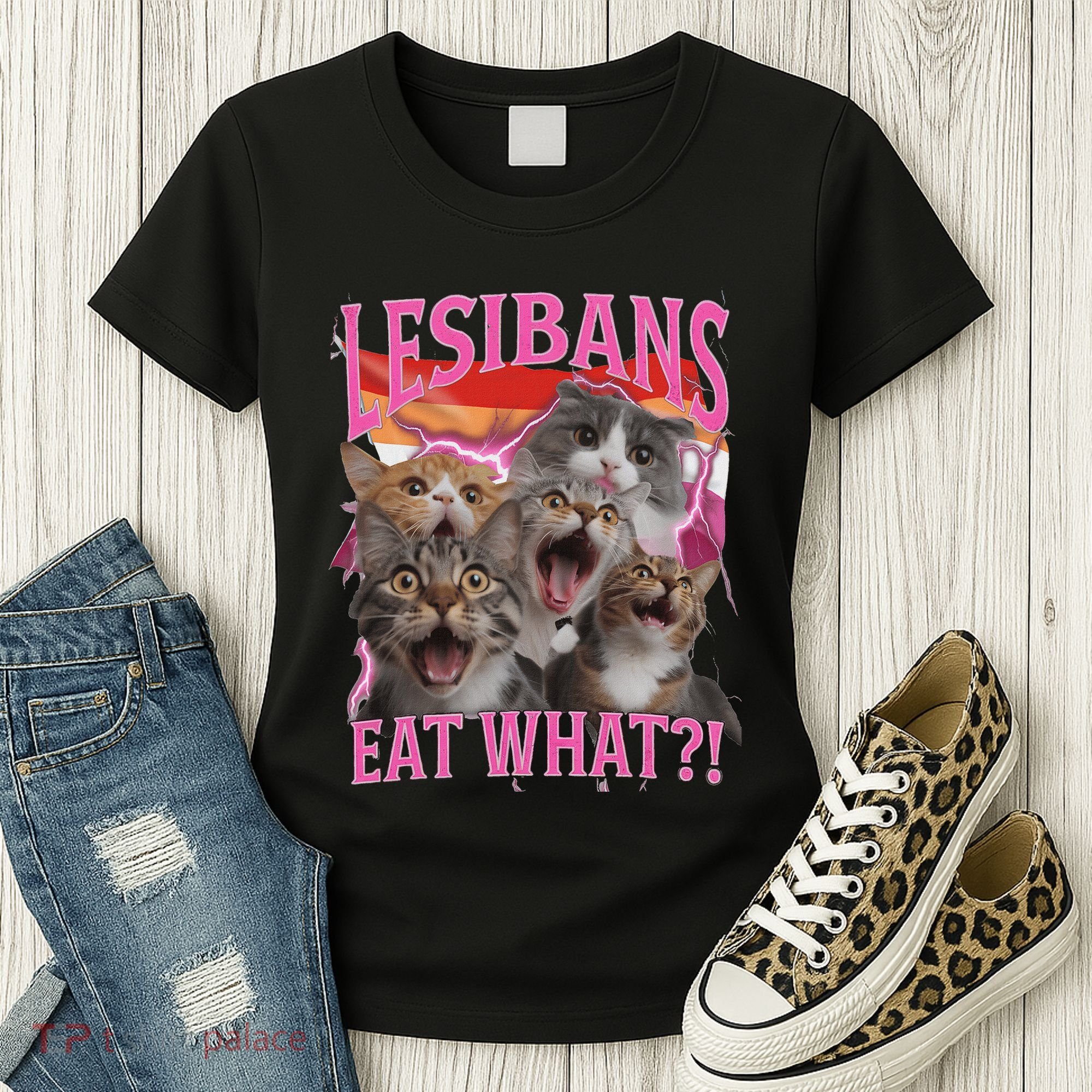 Lesbians Eat What Funny Offensive Cat Unhinged 90s Meme Women's T-Shirt