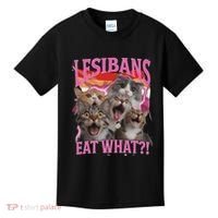 Lesbians Eat What Funny Offensive Cat Unhinged 90s Meme Kids T-Shirt thumb 0