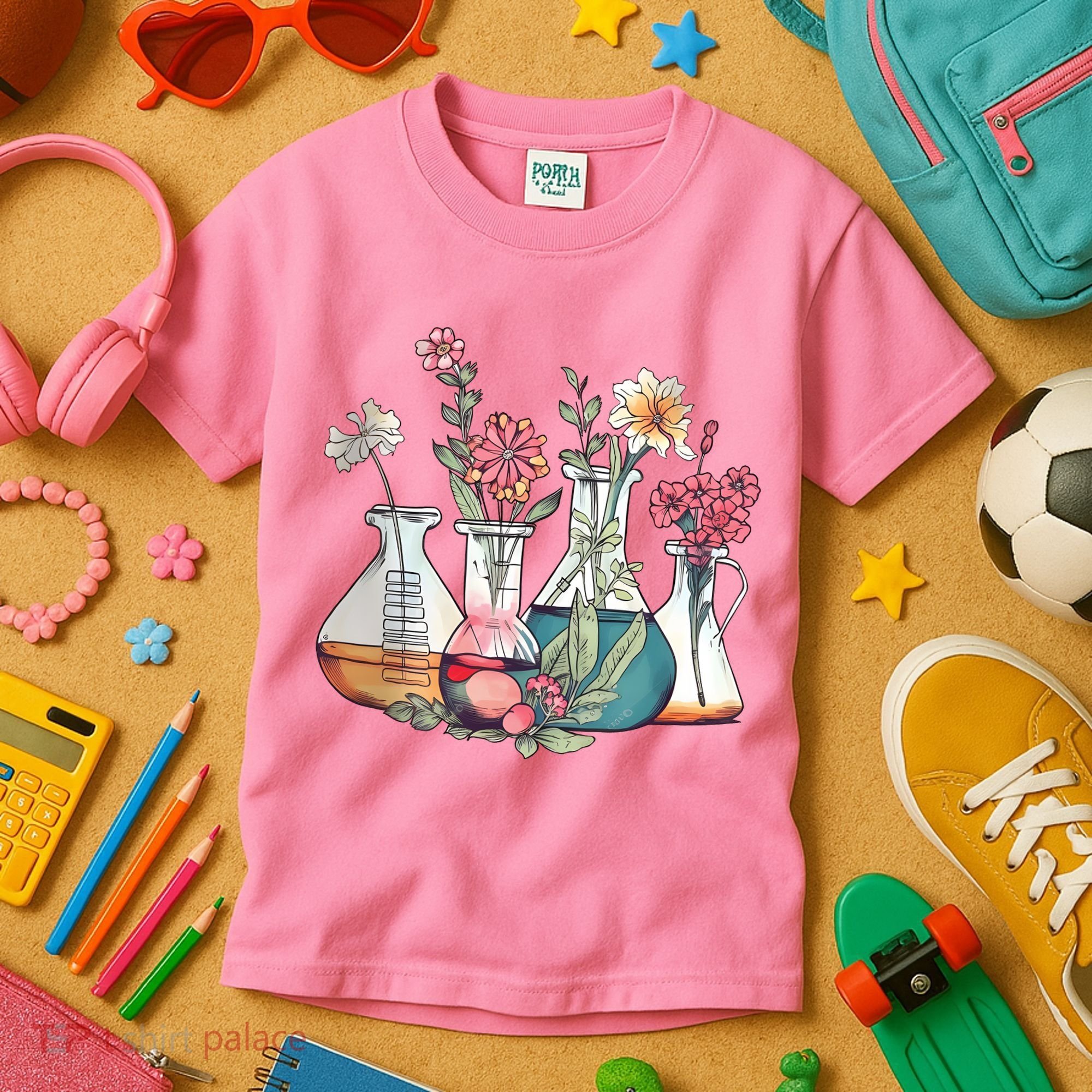 Laboratory Floral Beakers Chemistry Lab Scientist Kids T-Shirt
