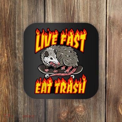 Live Fast Eat Trash Possum Vintage Funny Skateboard Coaster