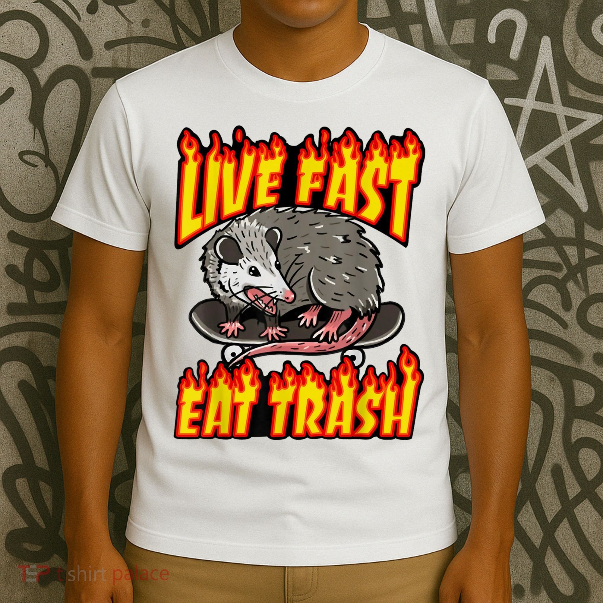 Live Fast Eat Trash Possum Vintage Funny Skateboard T-Shirt
