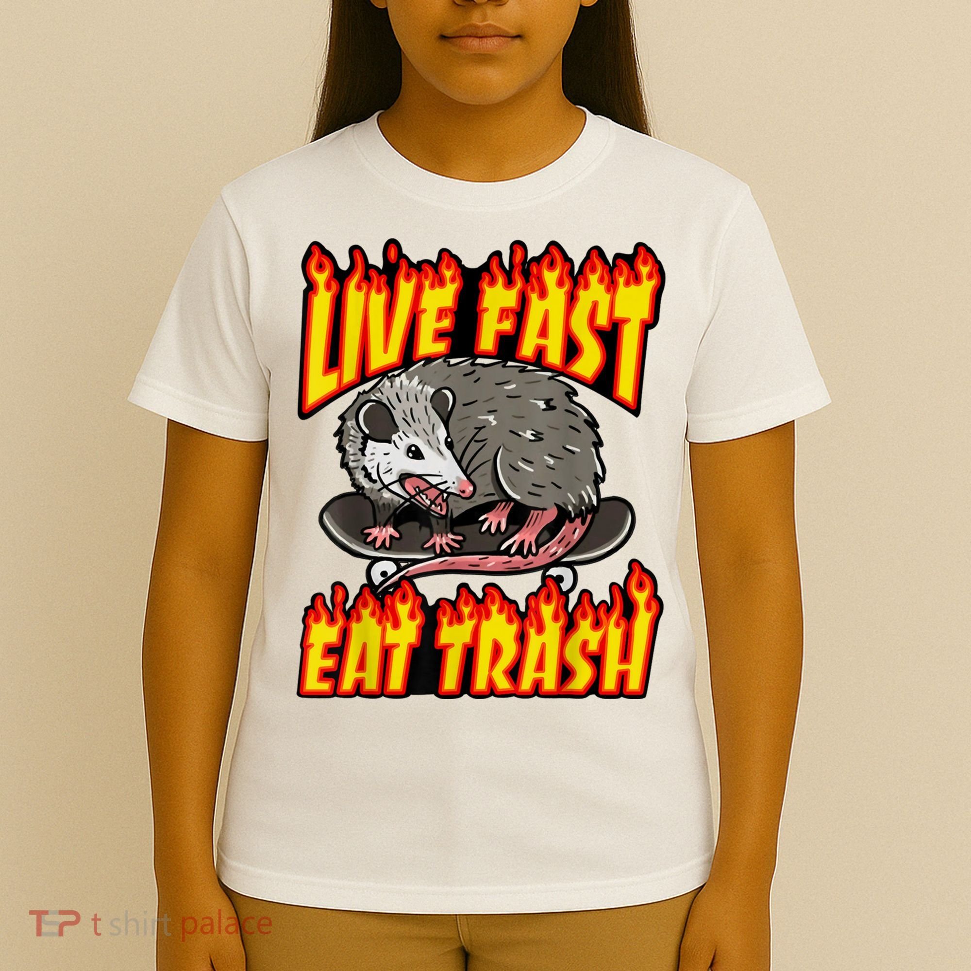 Live Fast Eat Trash Possum Vintage Funny Skateboard T-Shirt