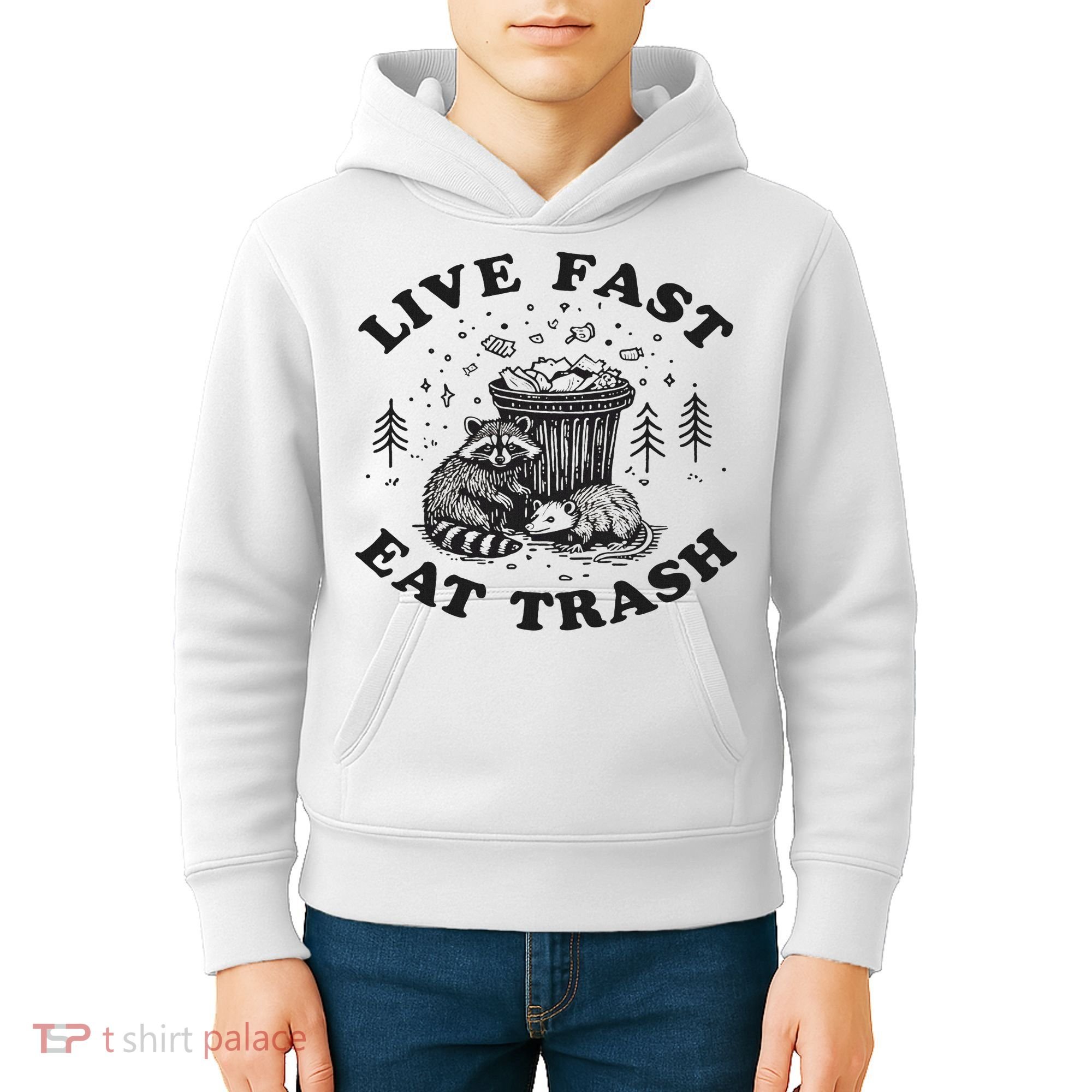 Live Fast Eat Trash Raccoon Possum Kids Hoodie