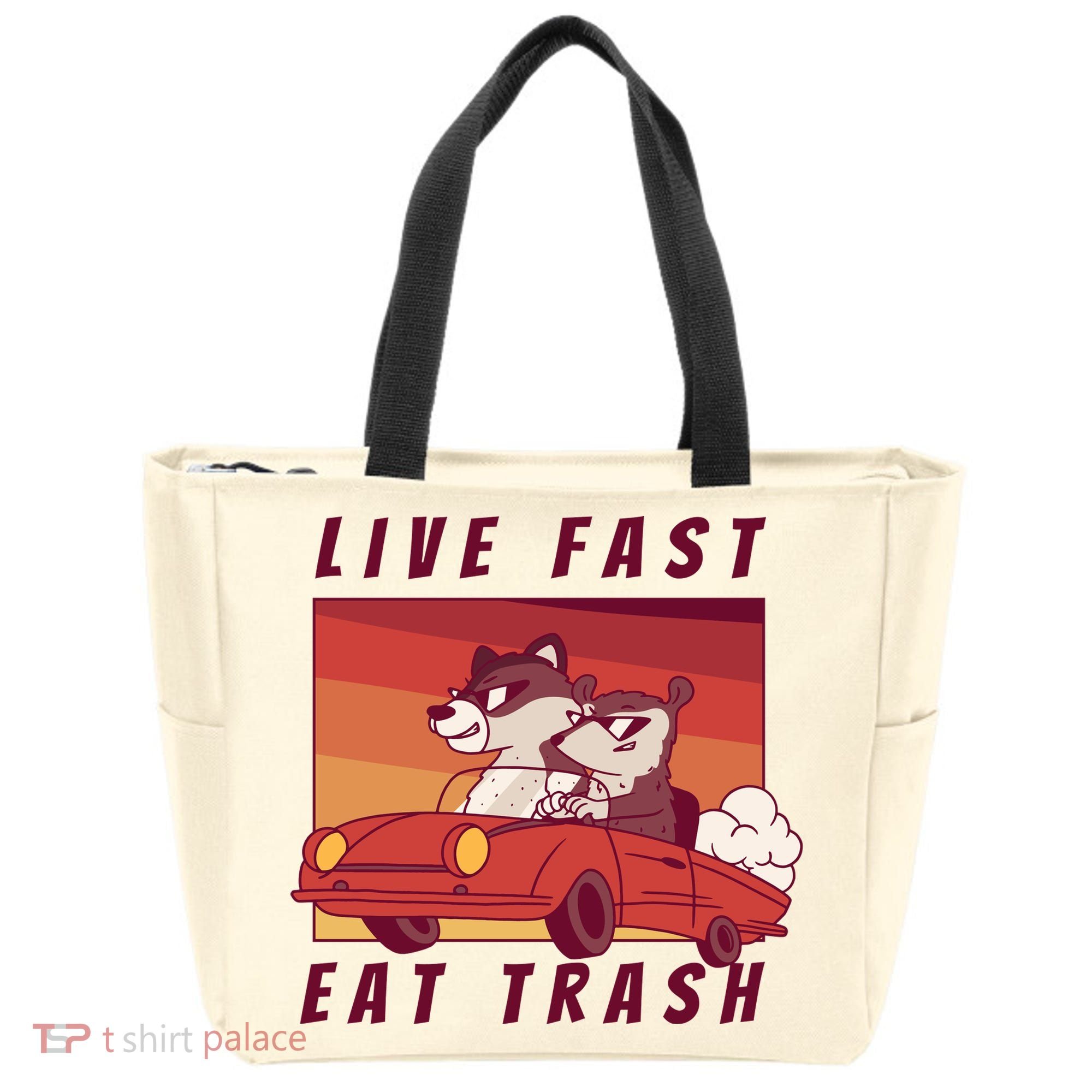 Live Fast Eat Trash Race Car Funny Raccoon Tote Bag