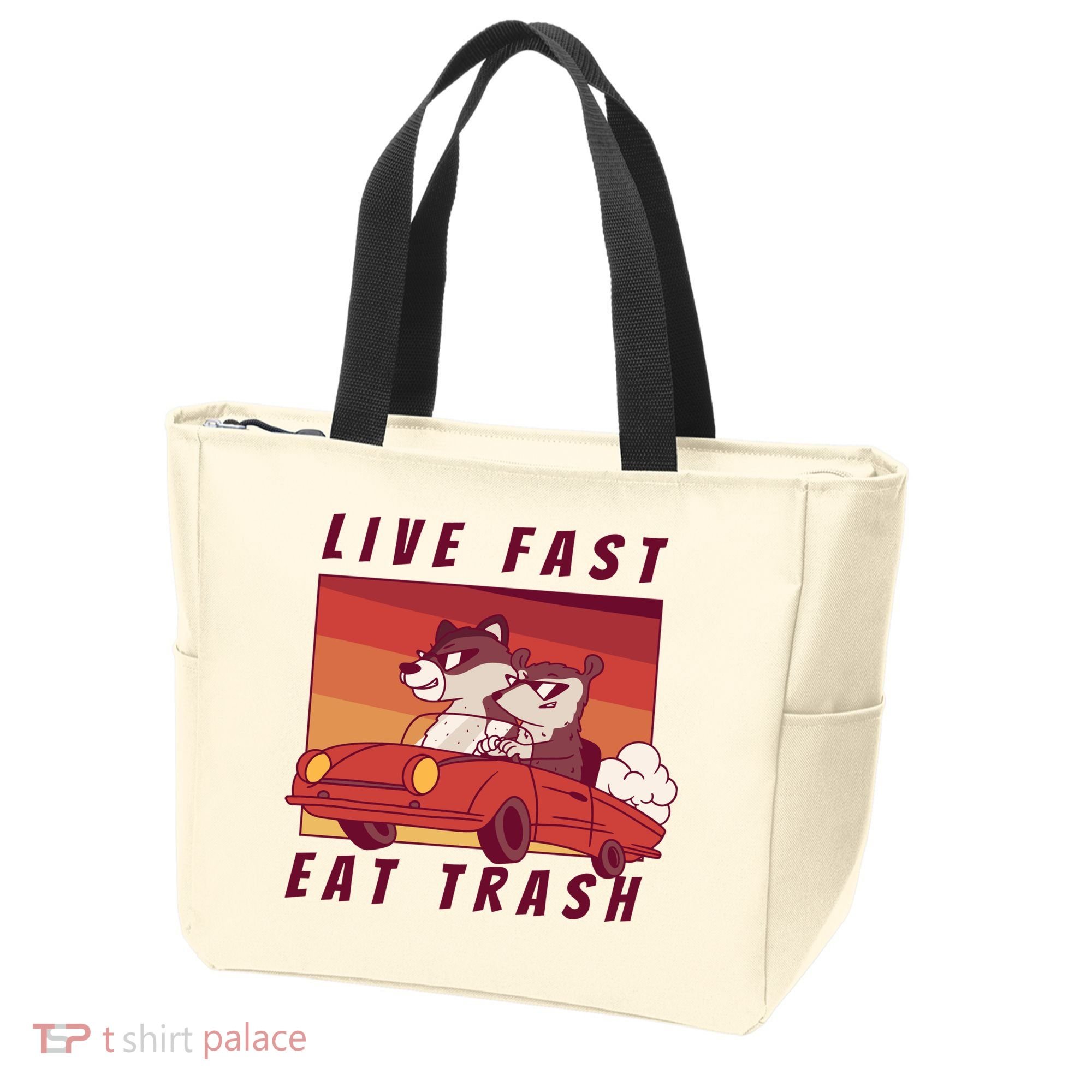Live Fast Eat Trash Race Car Funny Raccoon Tote Bag