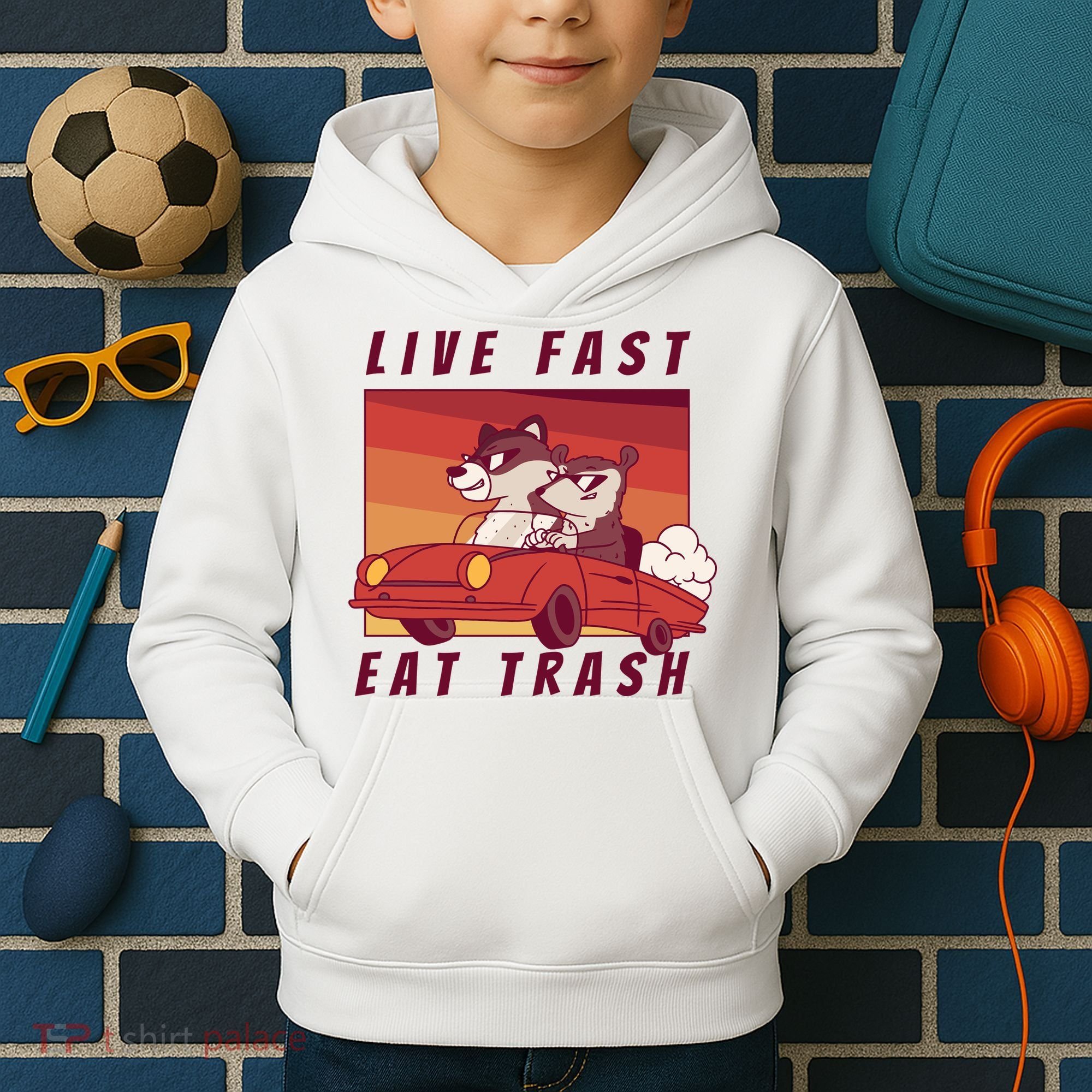 Live Fast Eat Trash Race Car Funny Raccoon Kids Hoodie