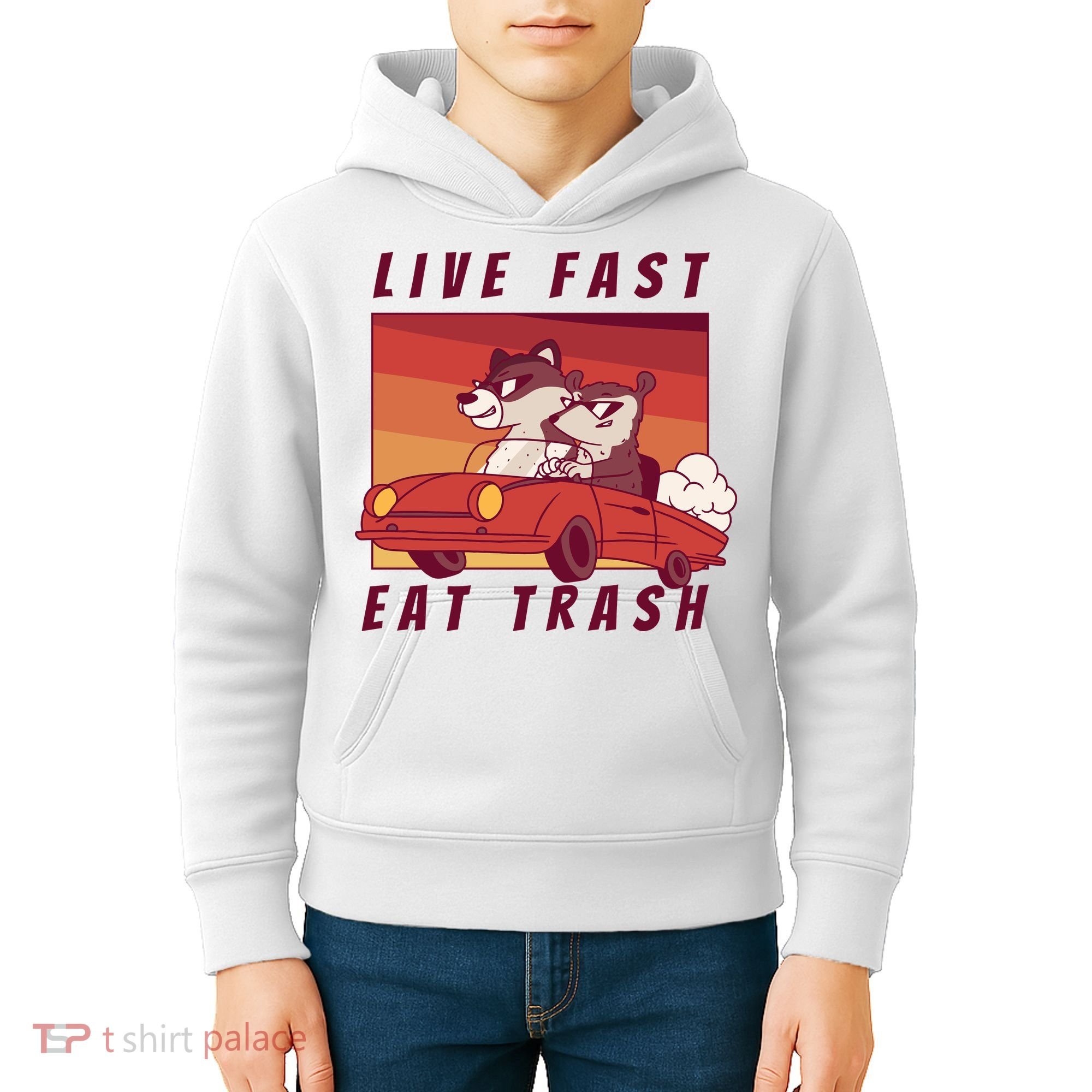 Live Fast Eat Trash Race Car Funny Raccoon Kids Hoodie