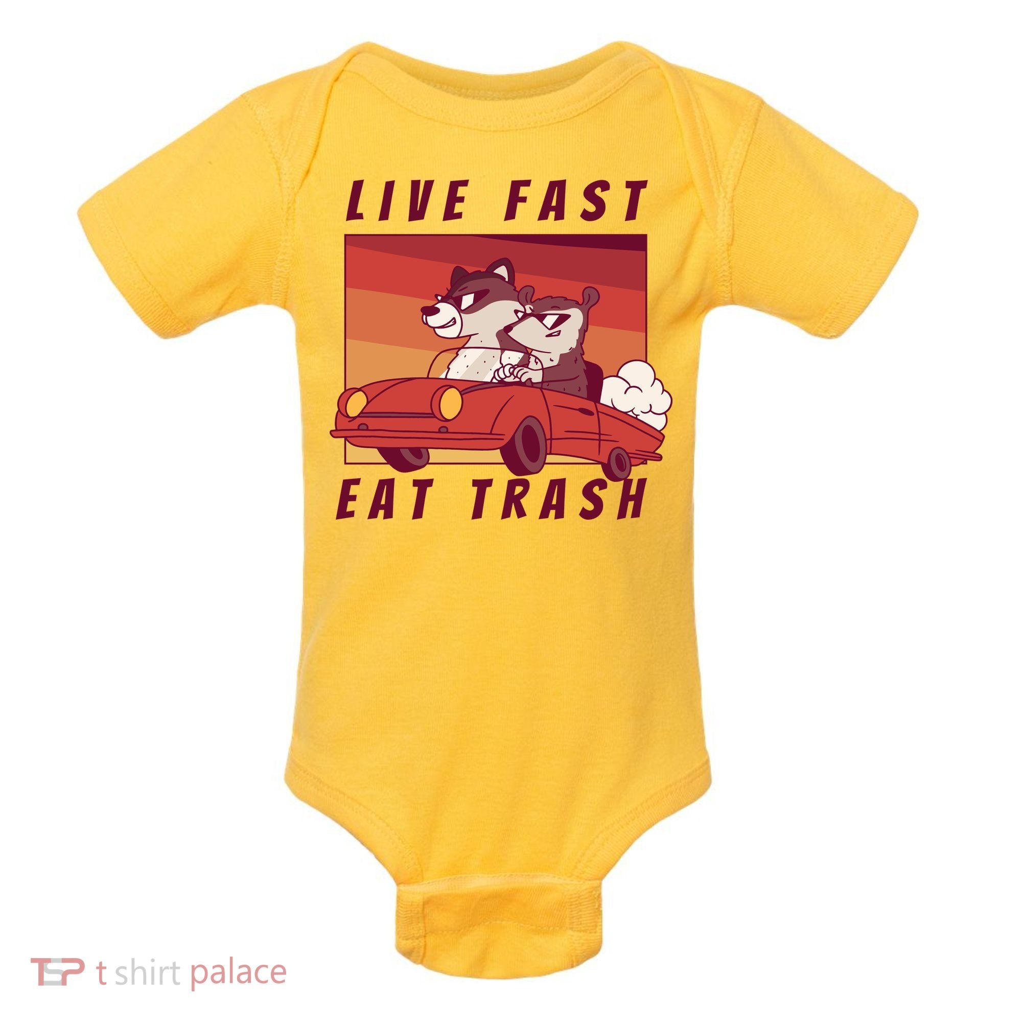 Live Fast Eat Trash Race Car Funny Raccoon Baby Bodysuit