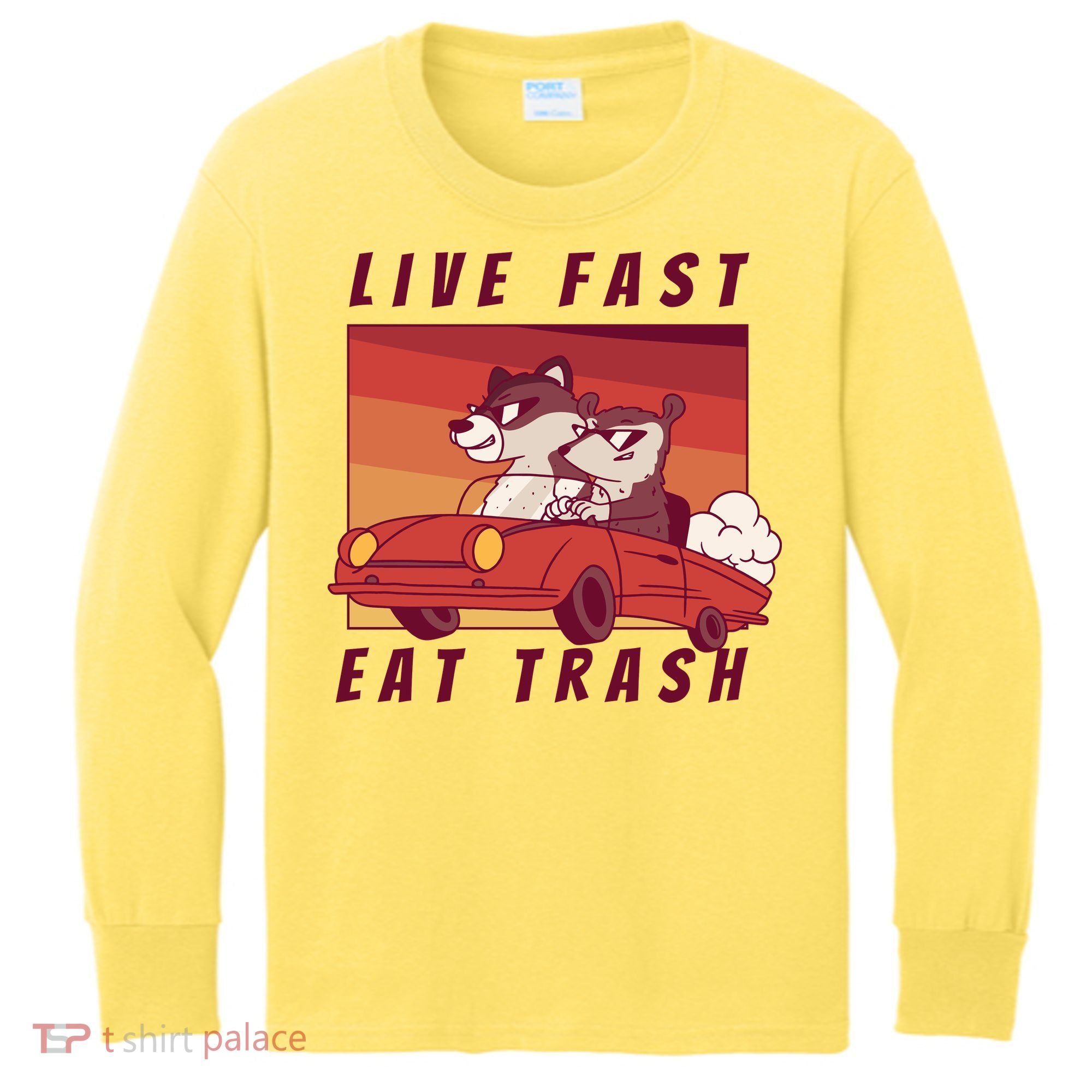 Live Fast Eat Trash Race Car Funny Raccoon Kids Long Sleeve Shirt