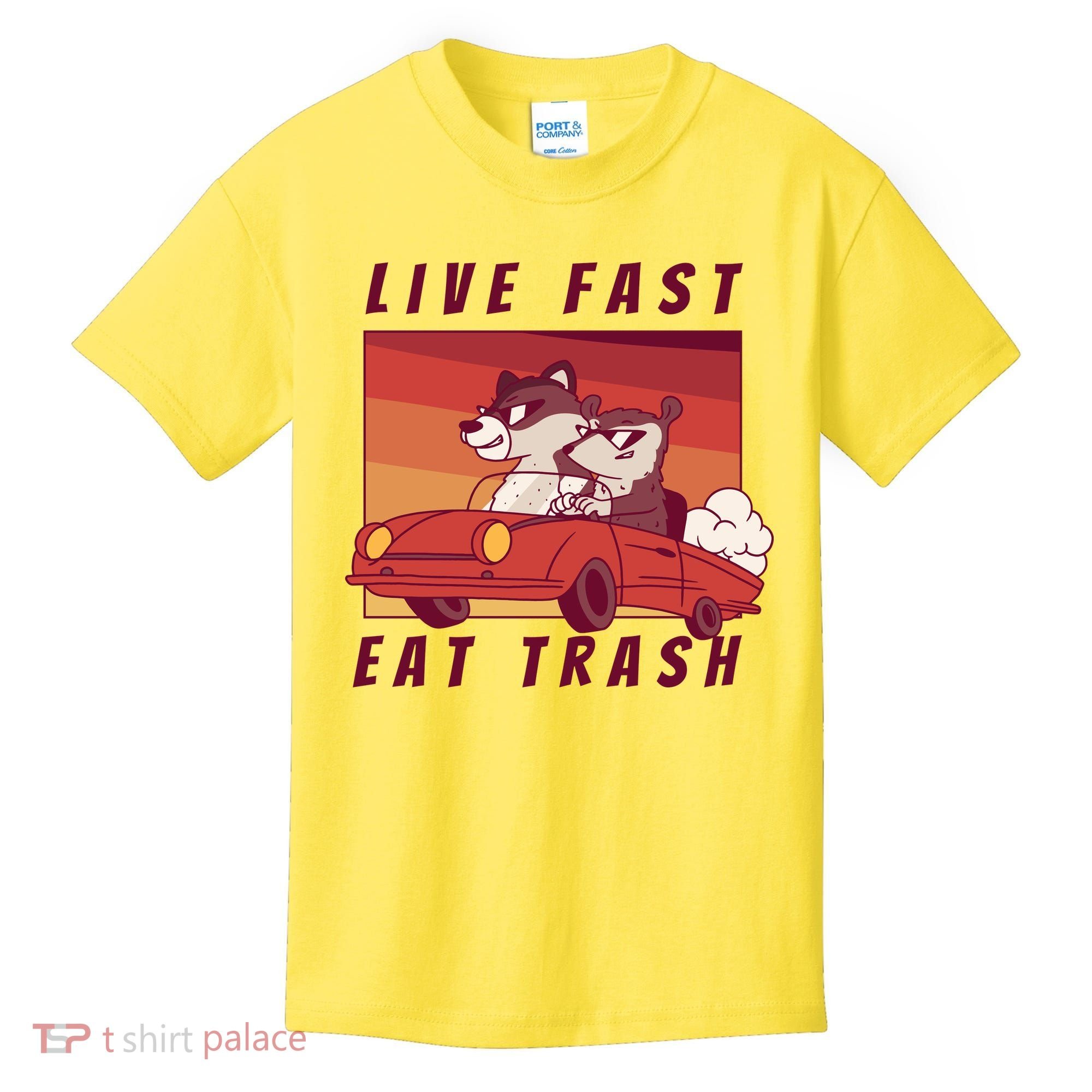 Live Fast Eat Trash Race Car Funny Raccoon Kids T-Shirt