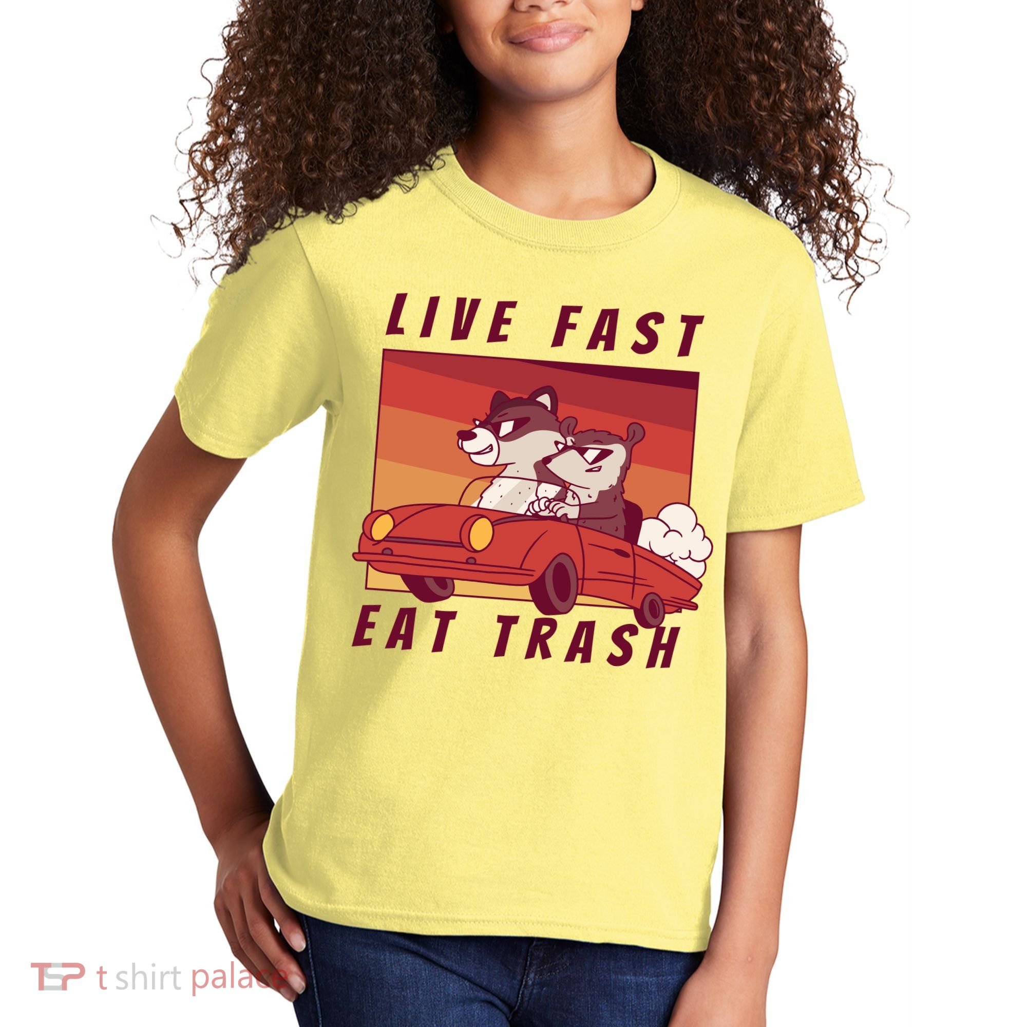 Live Fast Eat Trash Race Car Funny Raccoon Kids T-Shirt