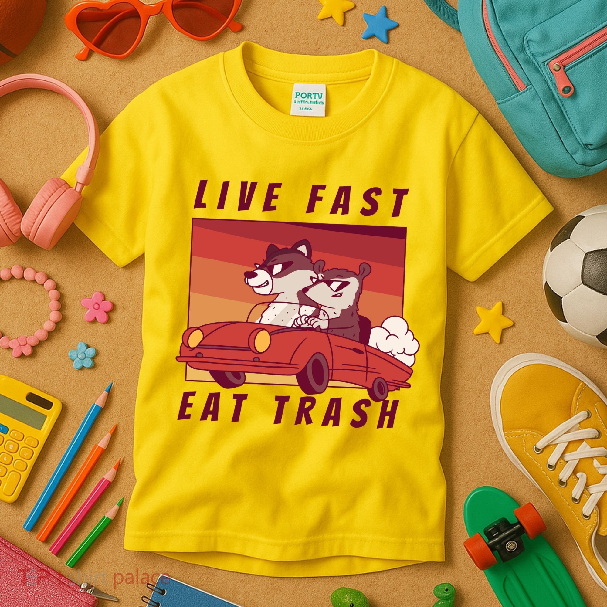 Live Fast Eat Trash Race Car Funny Raccoon Kids T-Shirt