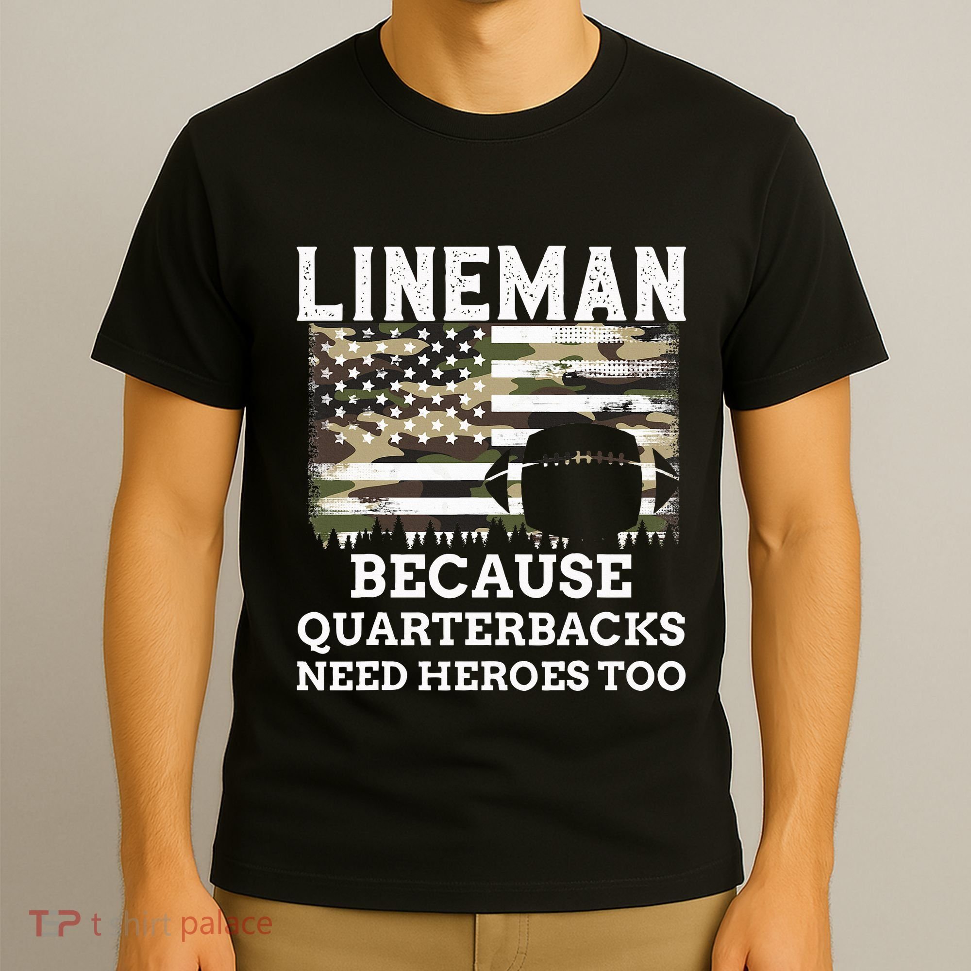 Lineman Football Gift Patriotic American Flag Camouflage T-Shirt