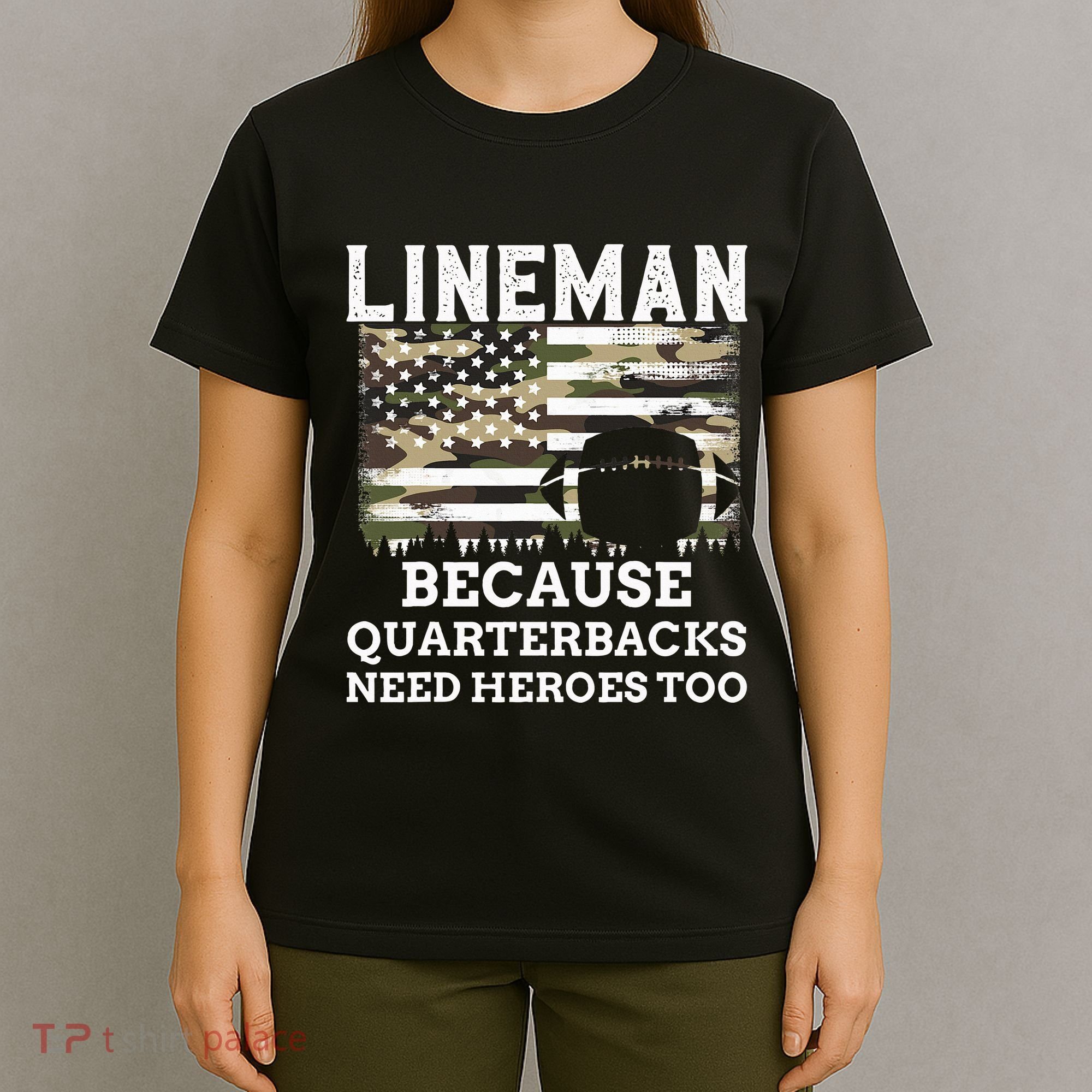 Lineman Football Gift Patriotic American Flag Camouflage T-Shirt