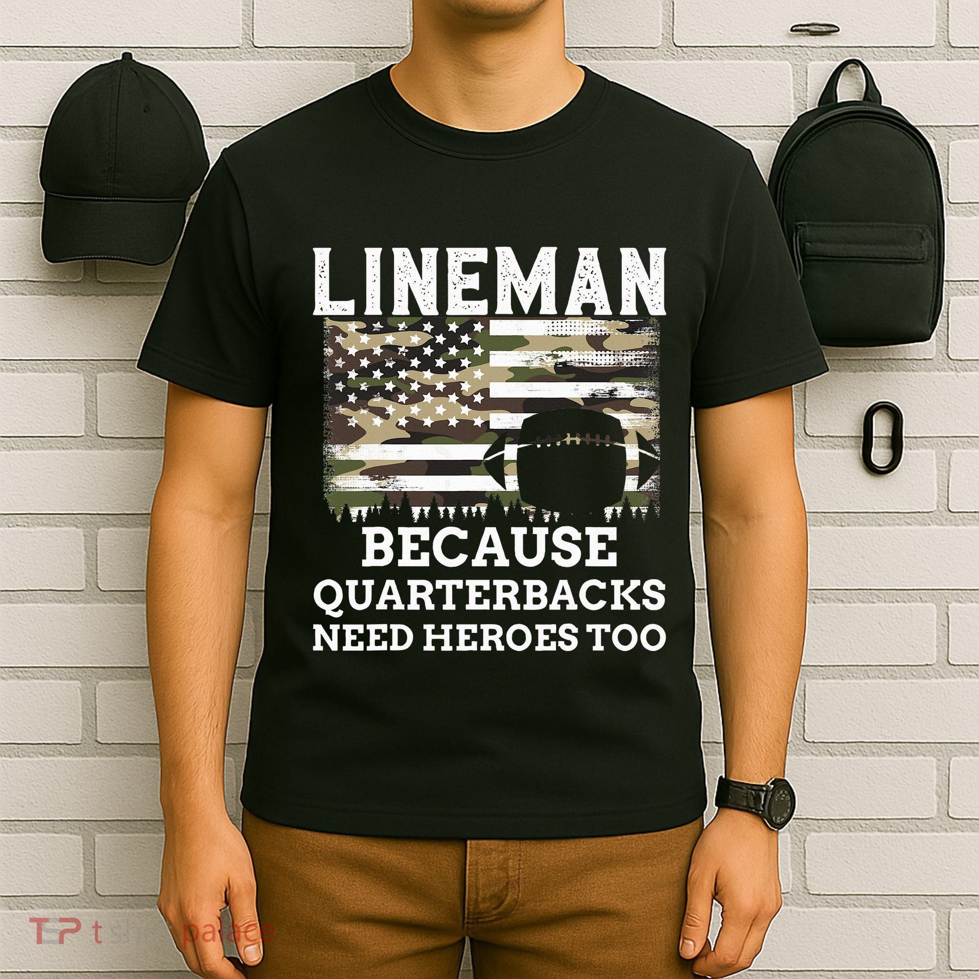 Lineman Football Gift Patriotic American Flag Camouflage T-Shirt