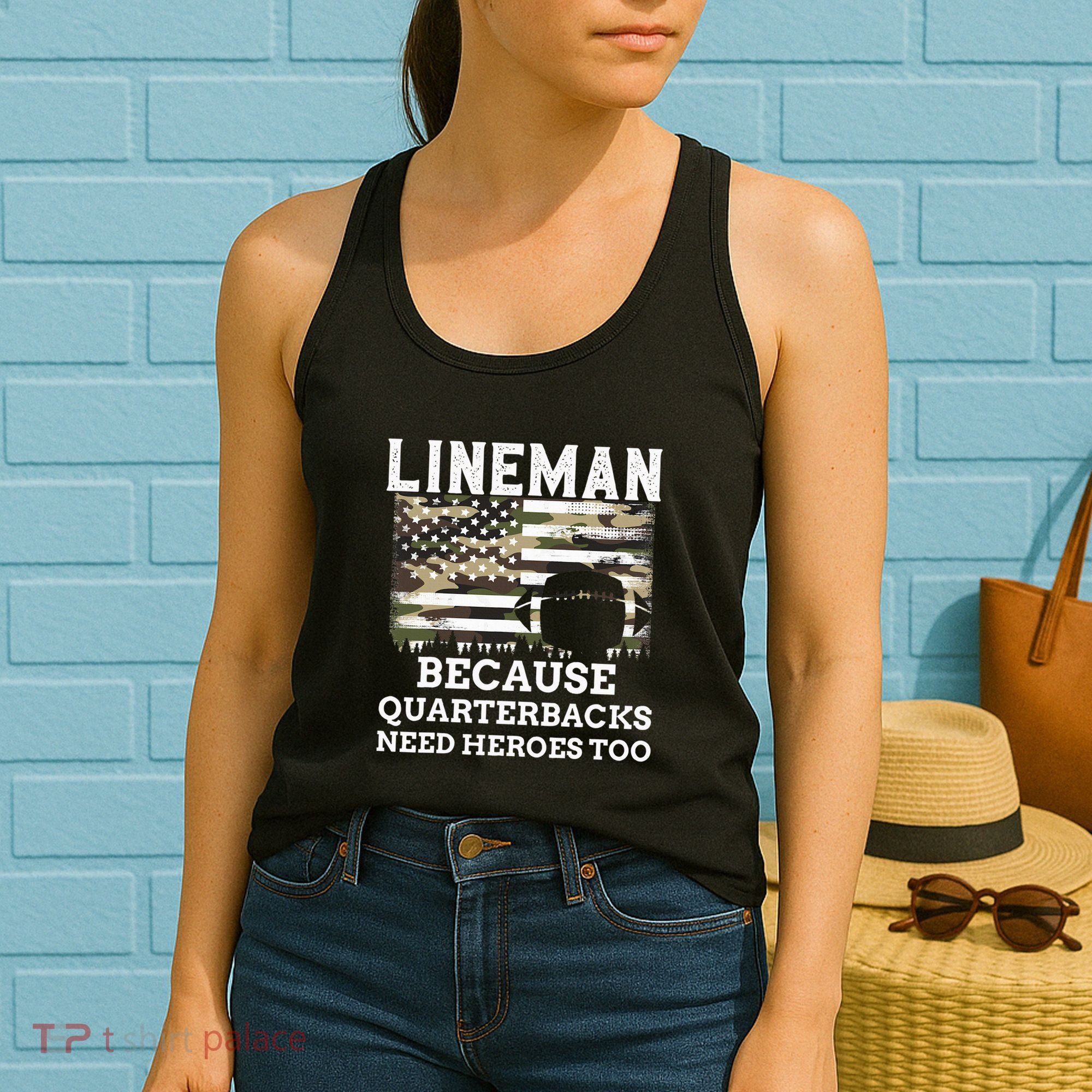 Lineman Football Gift Patriotic American Flag Camouflage Women's Tank Top